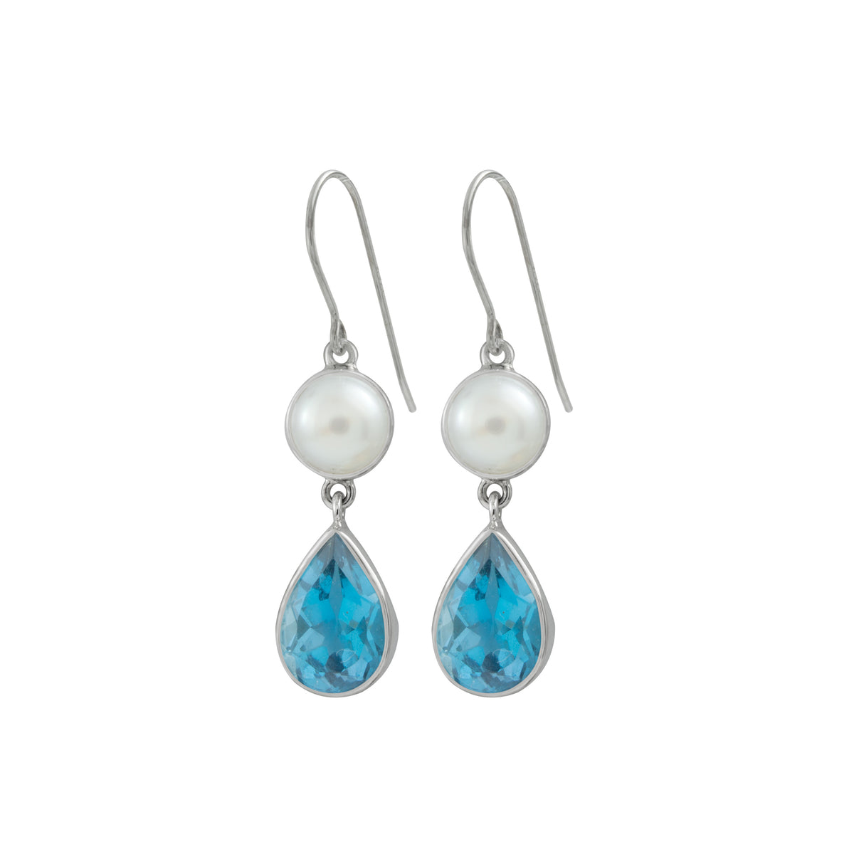 Sterling Silver Earring With Pearl Round, Blue Topaz Pear Facet