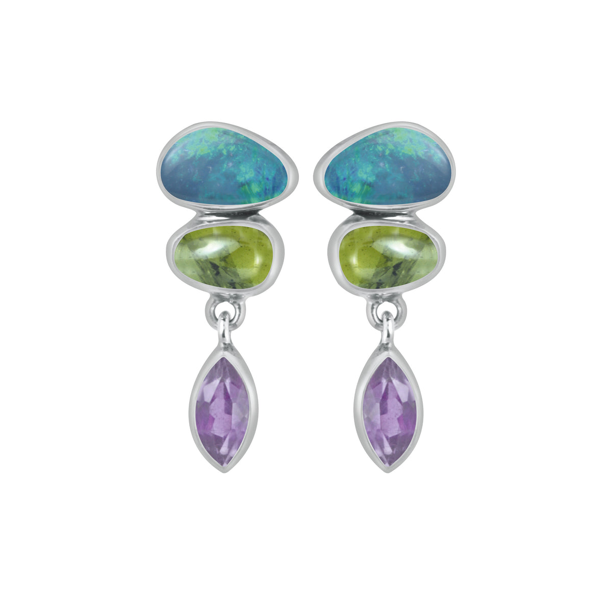 Sterling Silver Earring With Opal Free Forn, Amethyst Marquise Facet