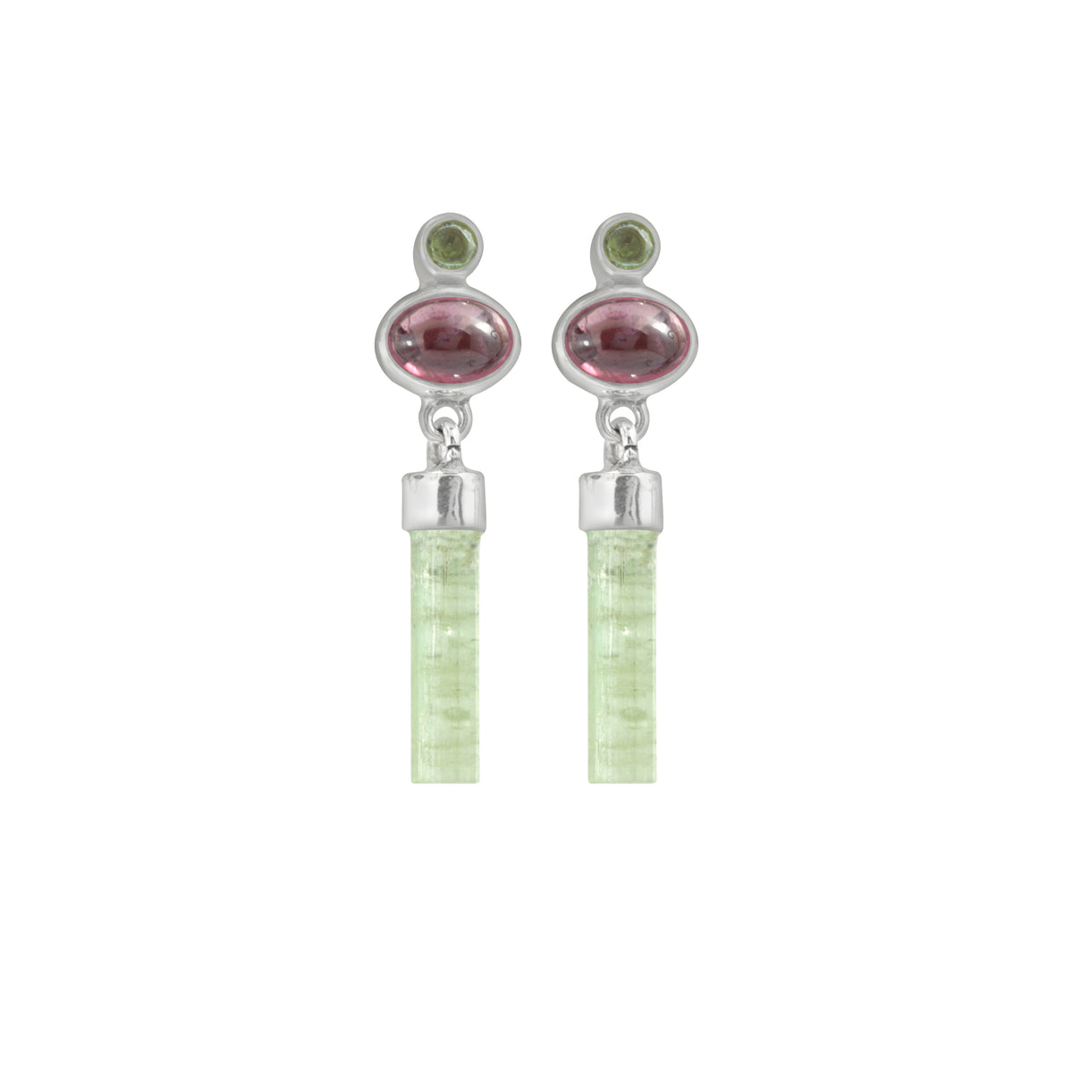 Sterling Silver Earring With Pink Tourmaline Cab, Green Tourmaline Roune Facet, Green Trourmaline Drop