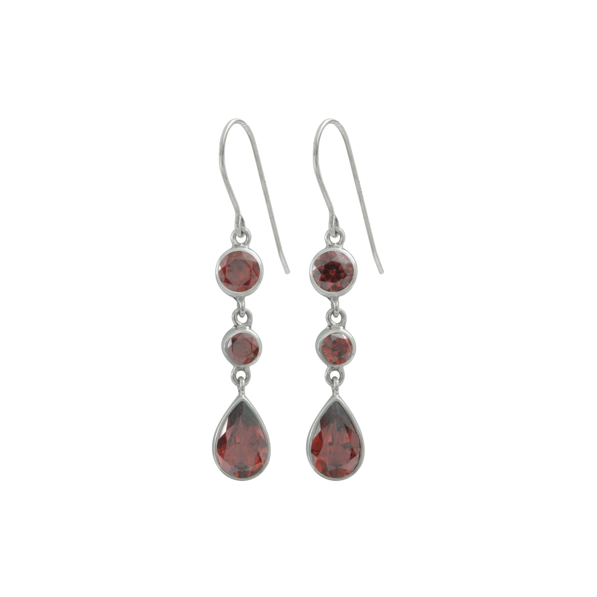 Sterling Silver Earring With Round Facet And Pear Garnet Stone