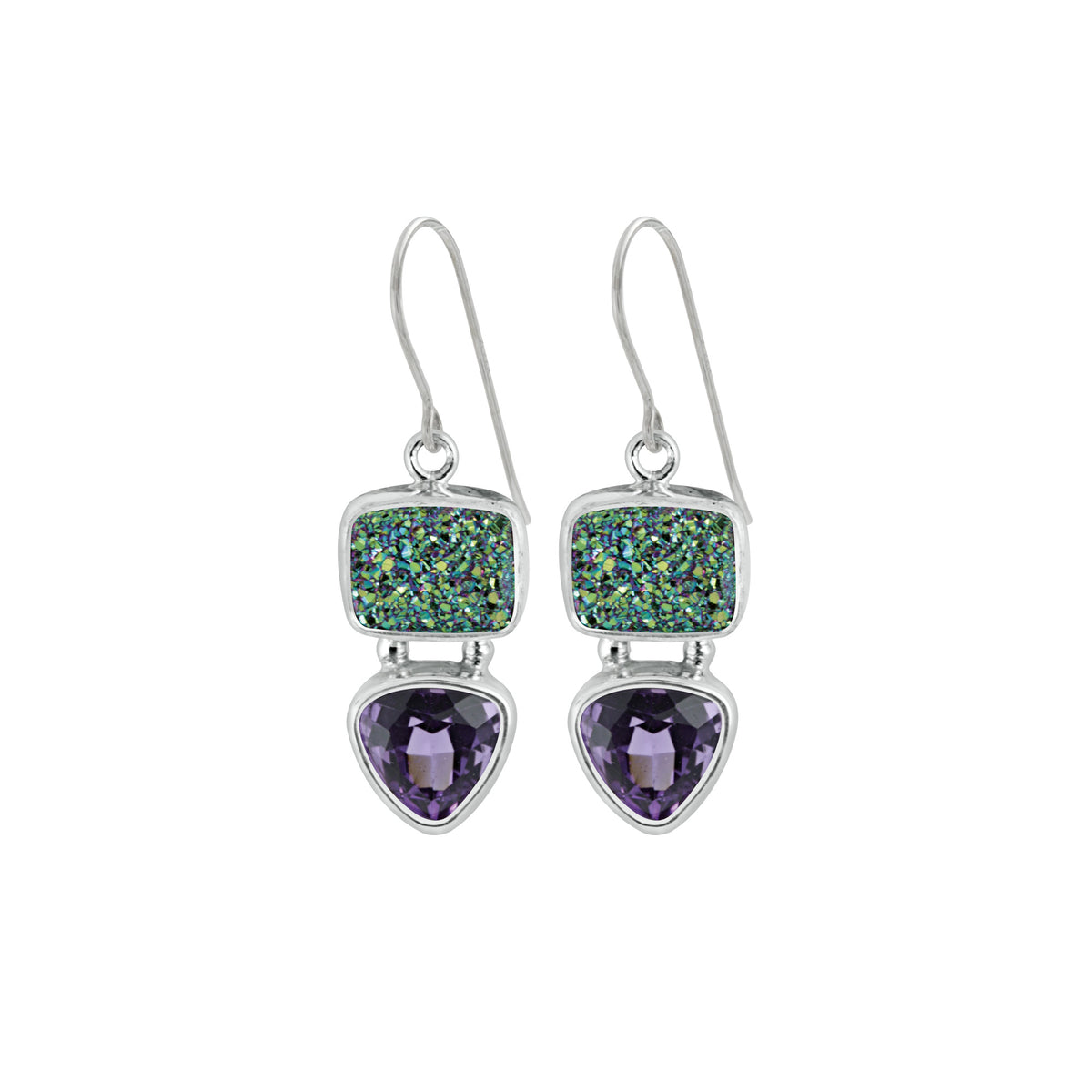Sterling Silver Earring With Druzy Peacock Blue Green, Amethyst Tiangle