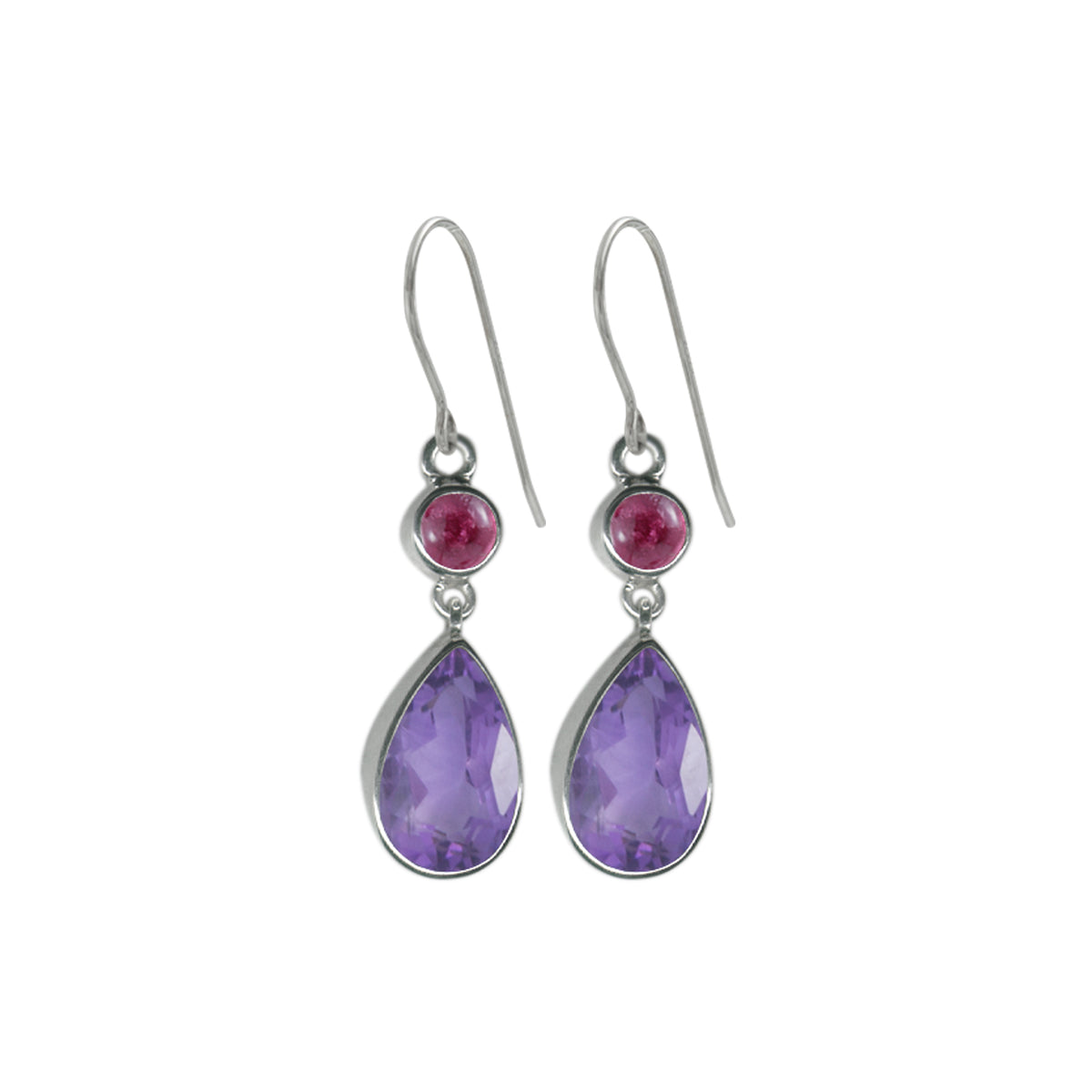 Sterling Silver Earring With Rhodolite Garnet Round Cab, Amethyst Pear Facet
