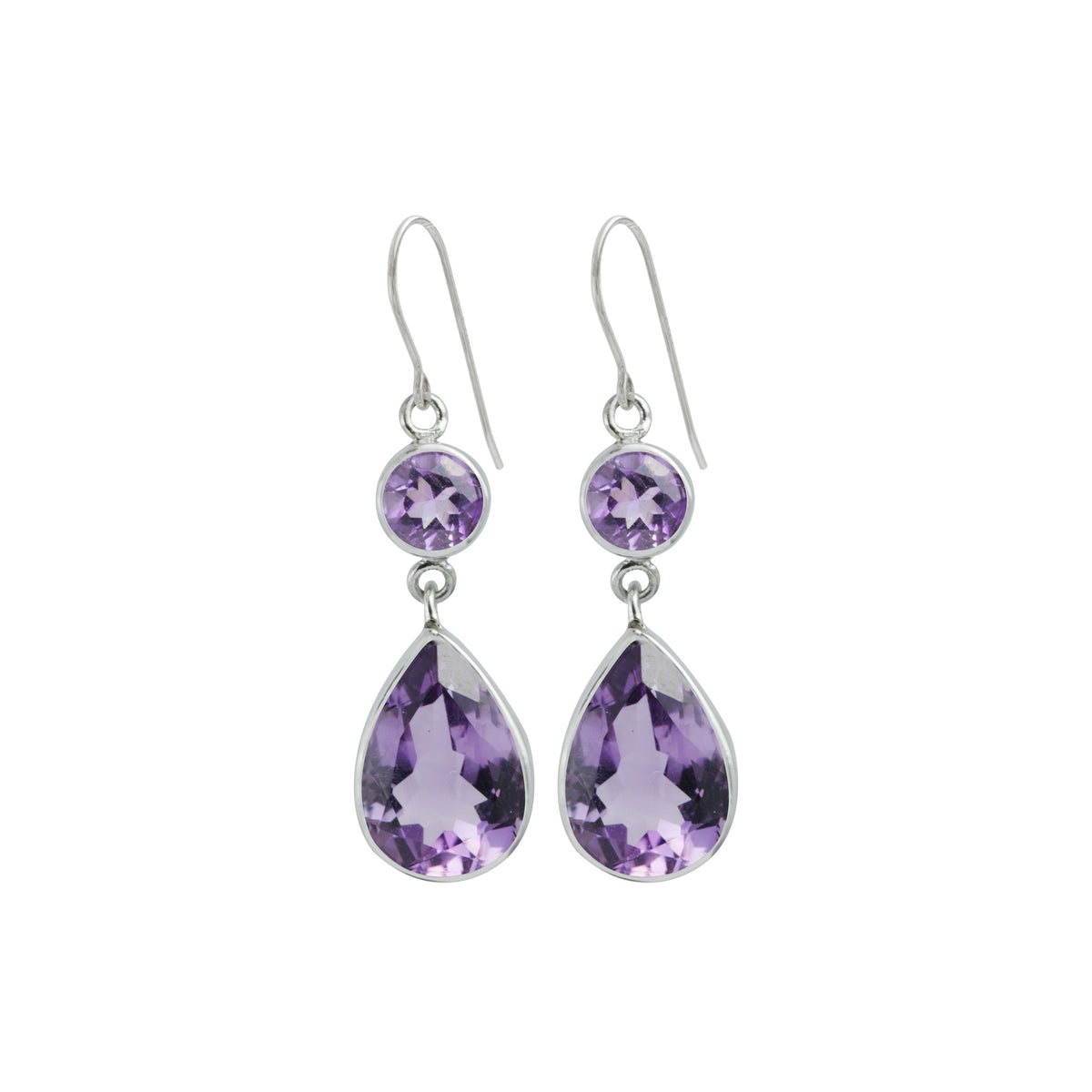 Sterling Silver Earring With Amethyst Round And Pear Facet Drop