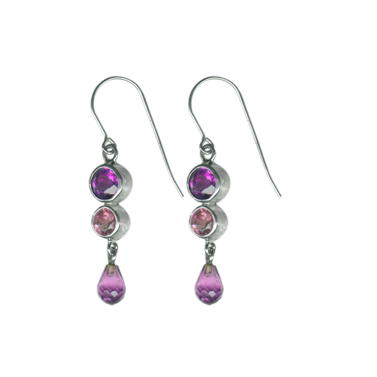 Sterling Silver Earring With Amethyst Round Facet, Amethyst Brio Drop