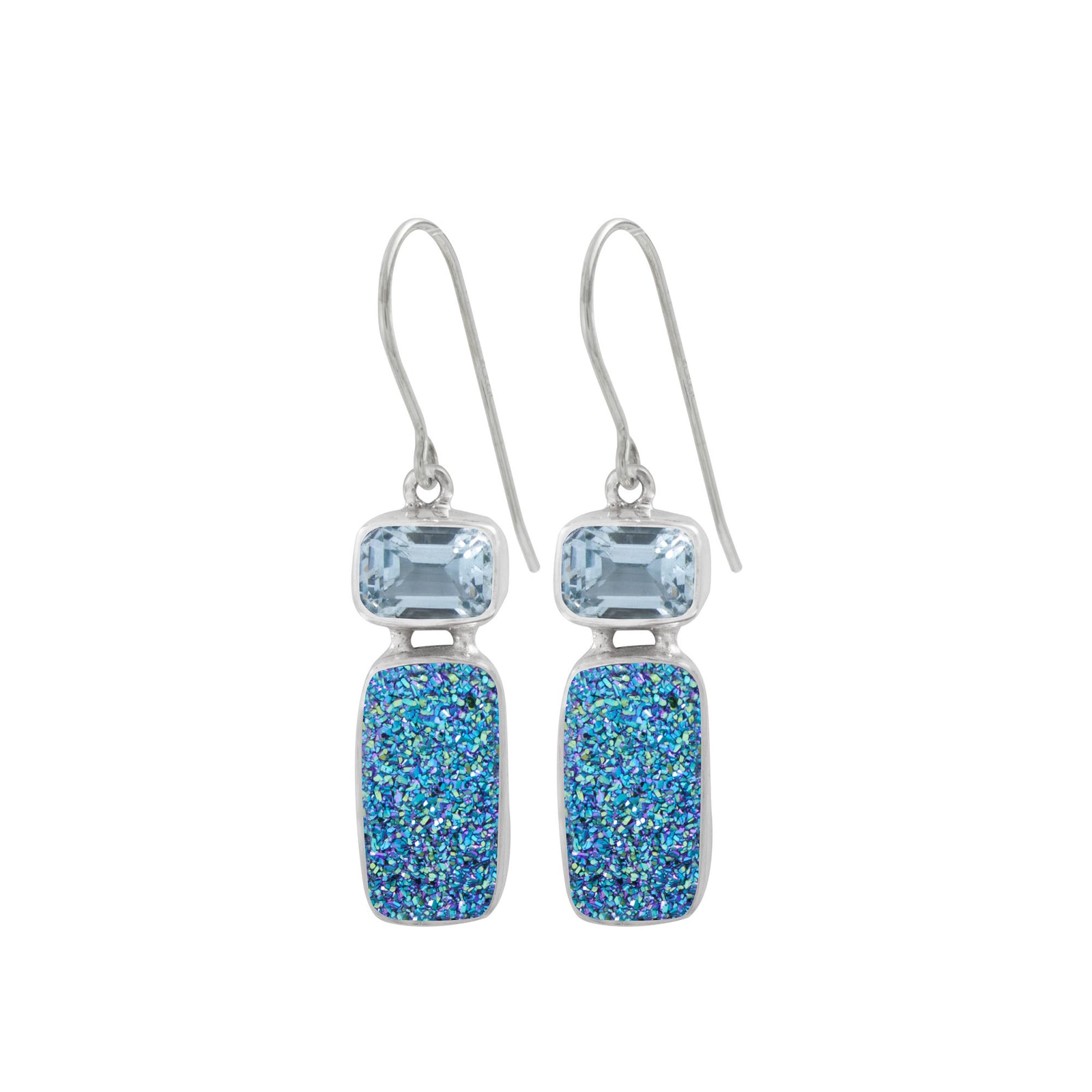 Silver Earring With Tourmalated Quartz & Druzy Black Knight Rectangle Cushion
