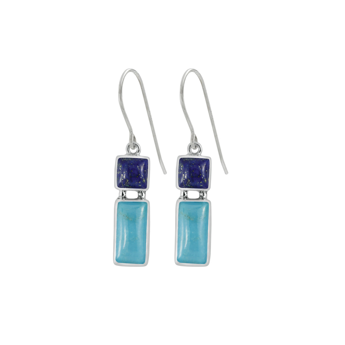 Sterling Silver Earring With Turquoise &amp; Lapis Rectangle Cushion