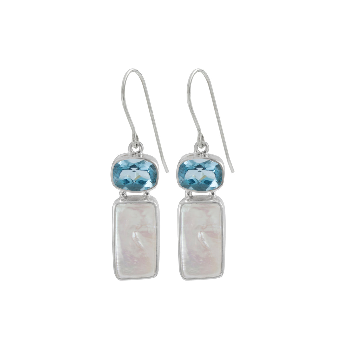 Sterling Silver Earring With London Blue Rectangle, Pearl