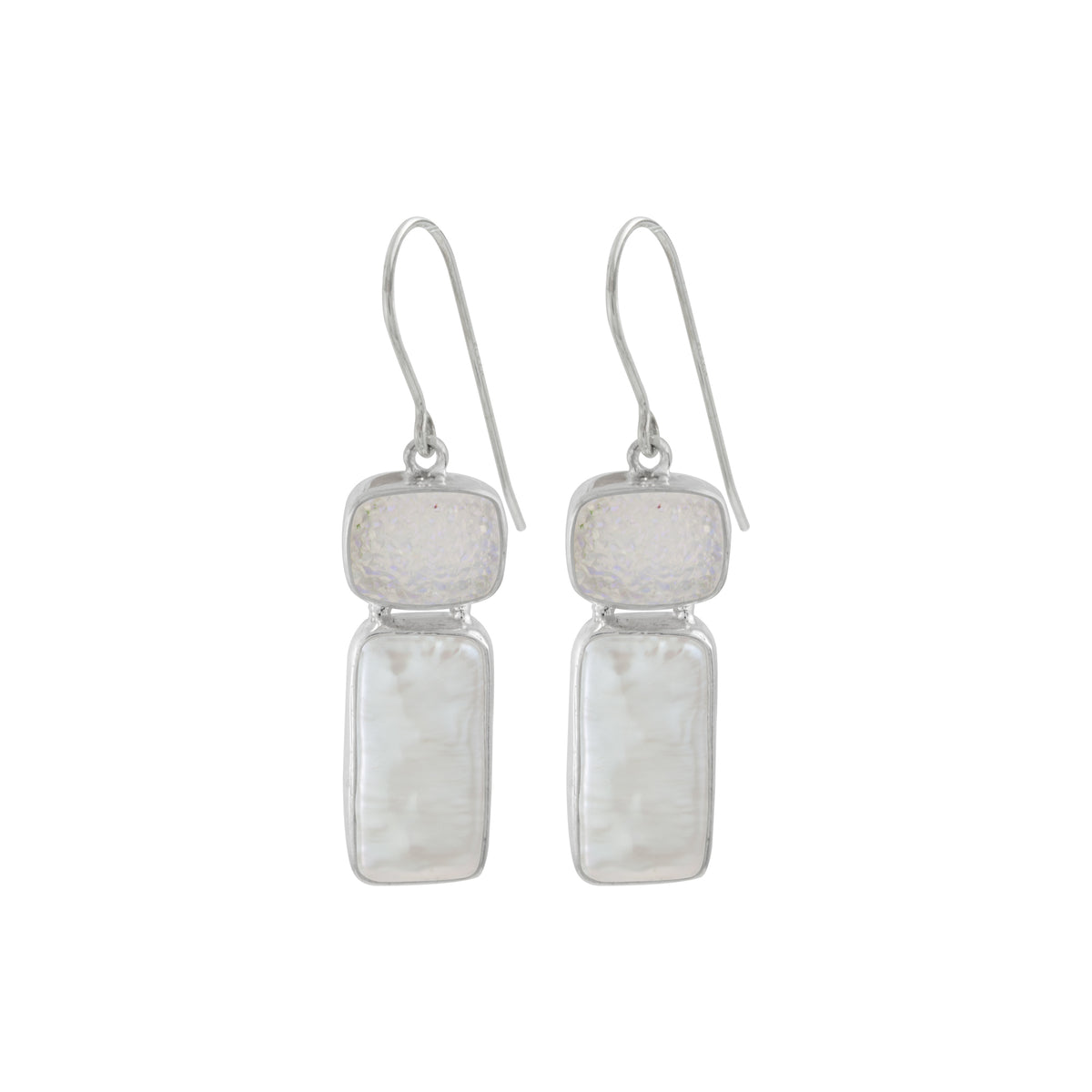 Sterling Silver Earring With Druzy Opal Rectangle, Pearl
