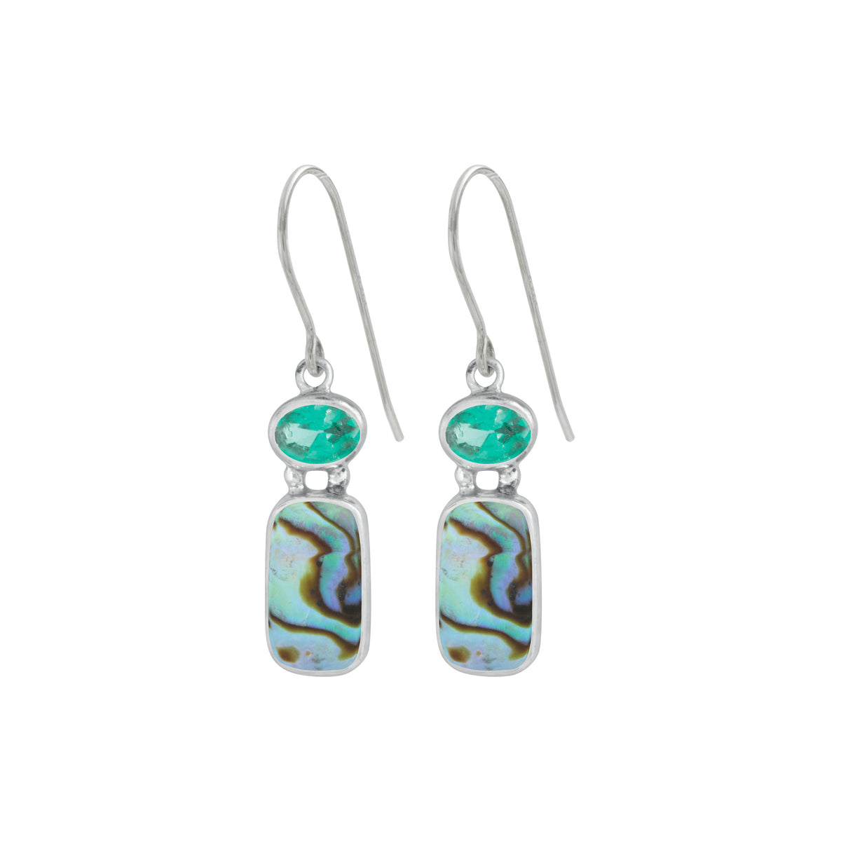 Sterling Silver Earring With Green Topaz Oval, Paua Rectangle Drop