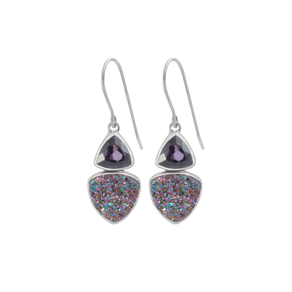 Sterling Silver Earring With Amethyst, Druzy Rainbow Triangle