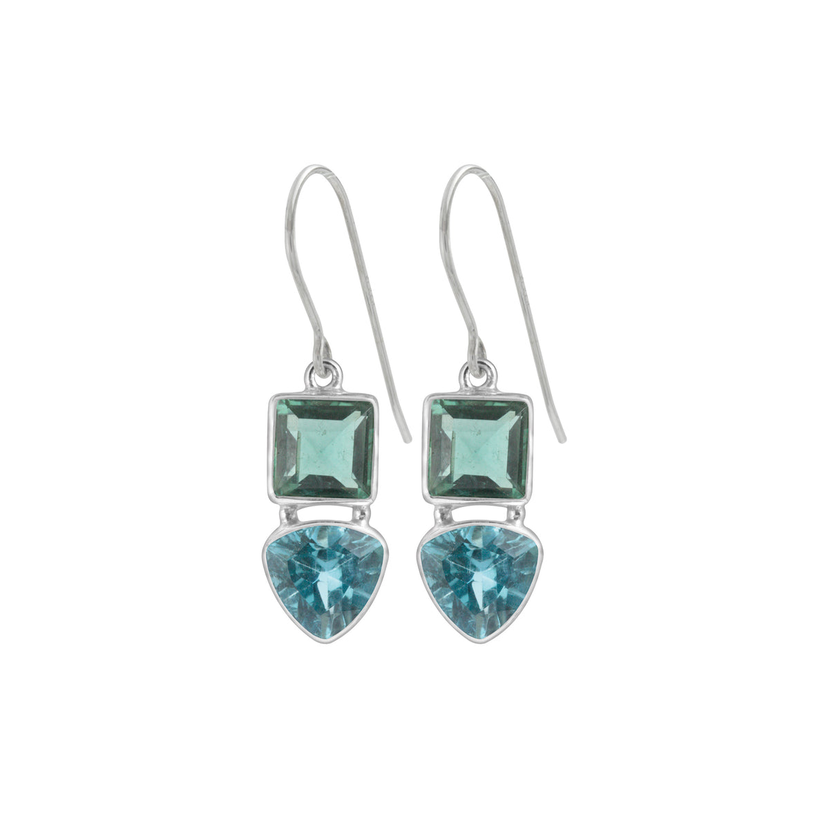 Sterling Silver Earring With Green Quartz Square, Blue Topaz Triangle Facet