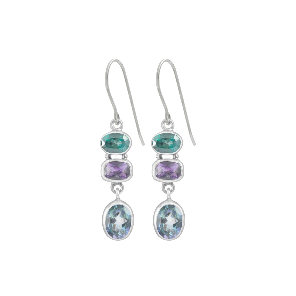 Sterling Silver Earring With Green Topaz Oval, Amethyst Rectangle, Neptune Topaz Oval Drop