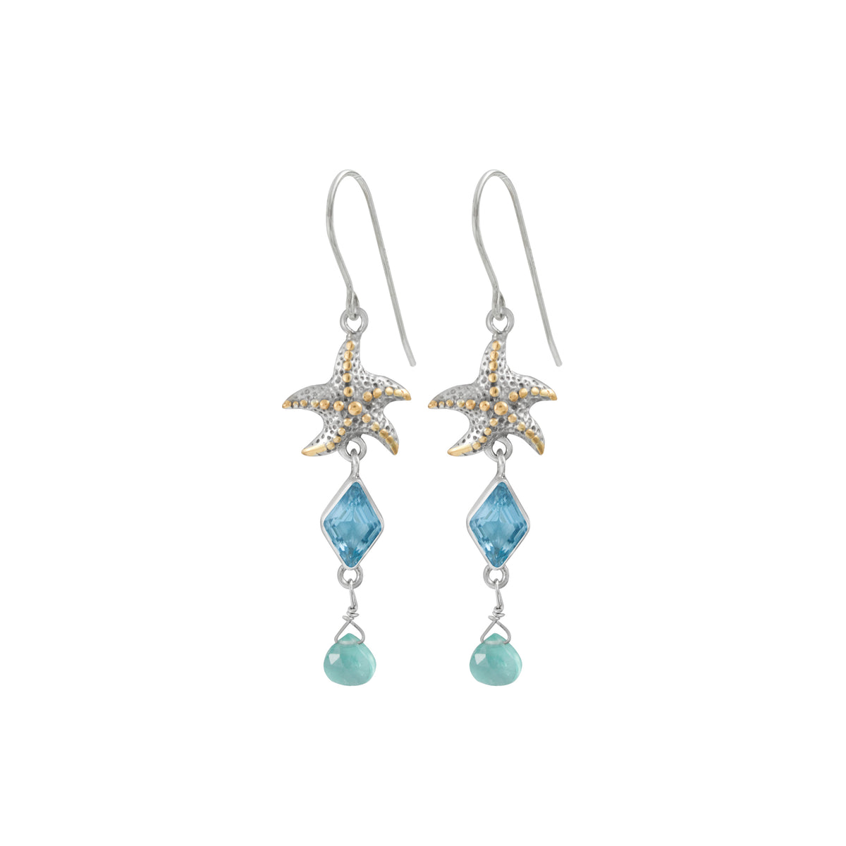 Sterling Silver Earring With Star Fish Coponent, Blue Topaz Diamond , Appatite Drop