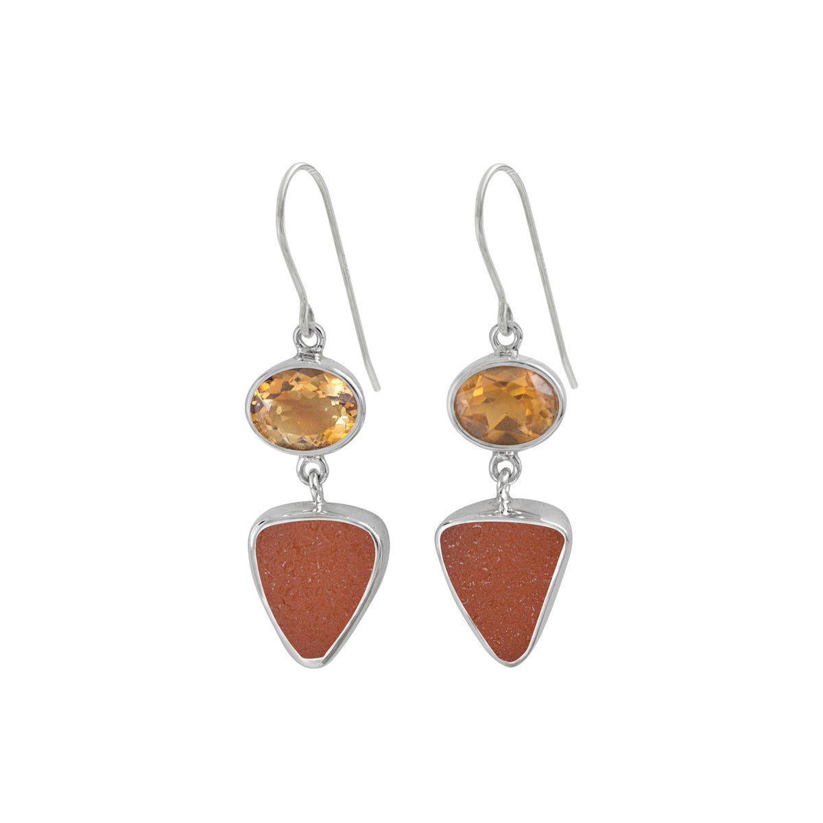 Sterling Silver Earring With Citrine Oval, Sea Glass Brown Drop