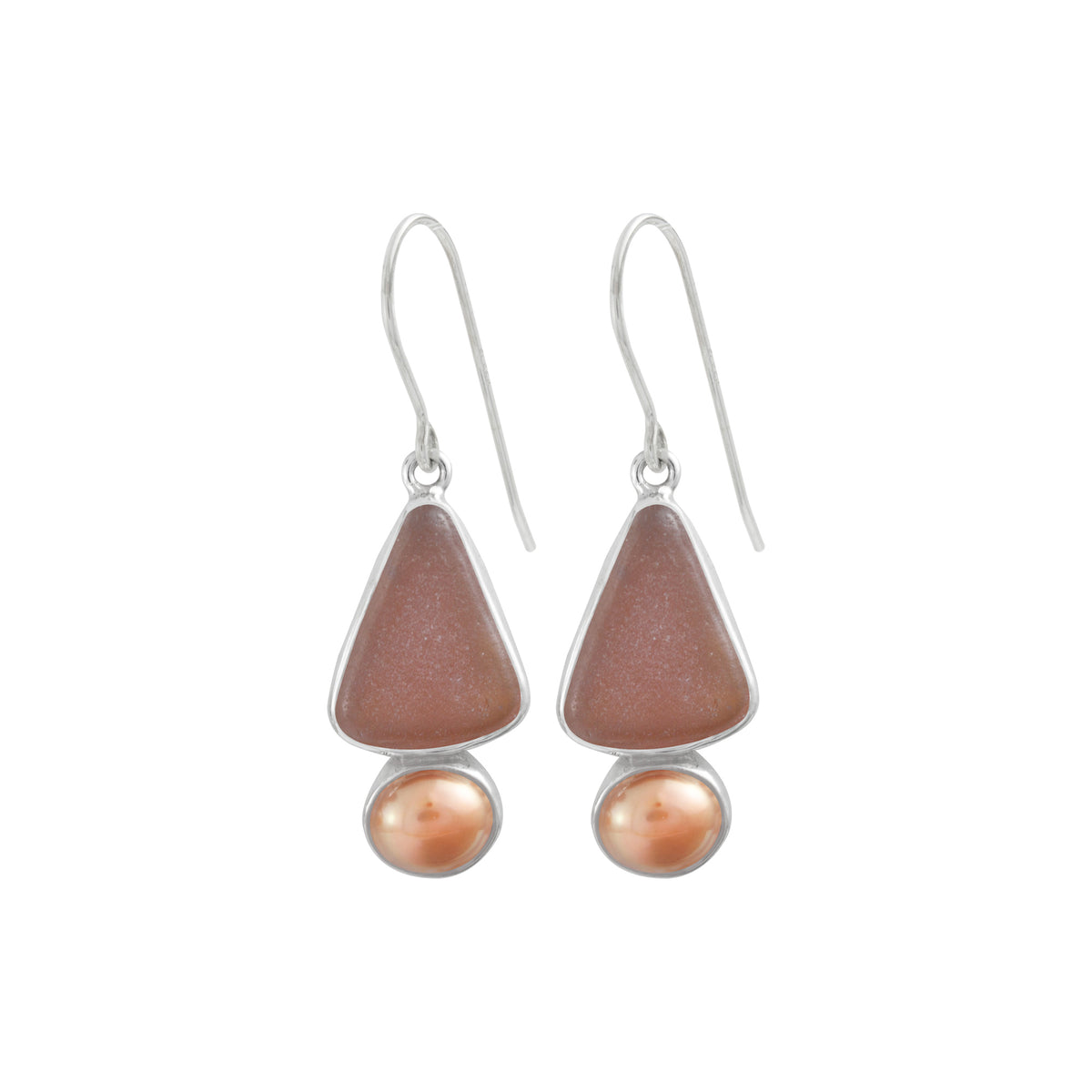 Sterling Silver Earring With Sea Glass Brown , Pearl