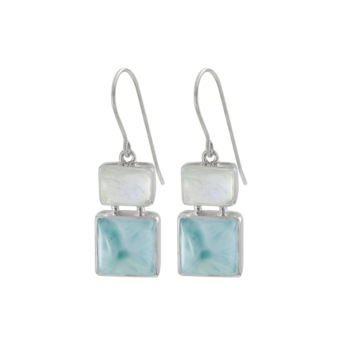 Sterling Silver Earring With Rainbow Moonstone Rectangle Cab, Larimar Square