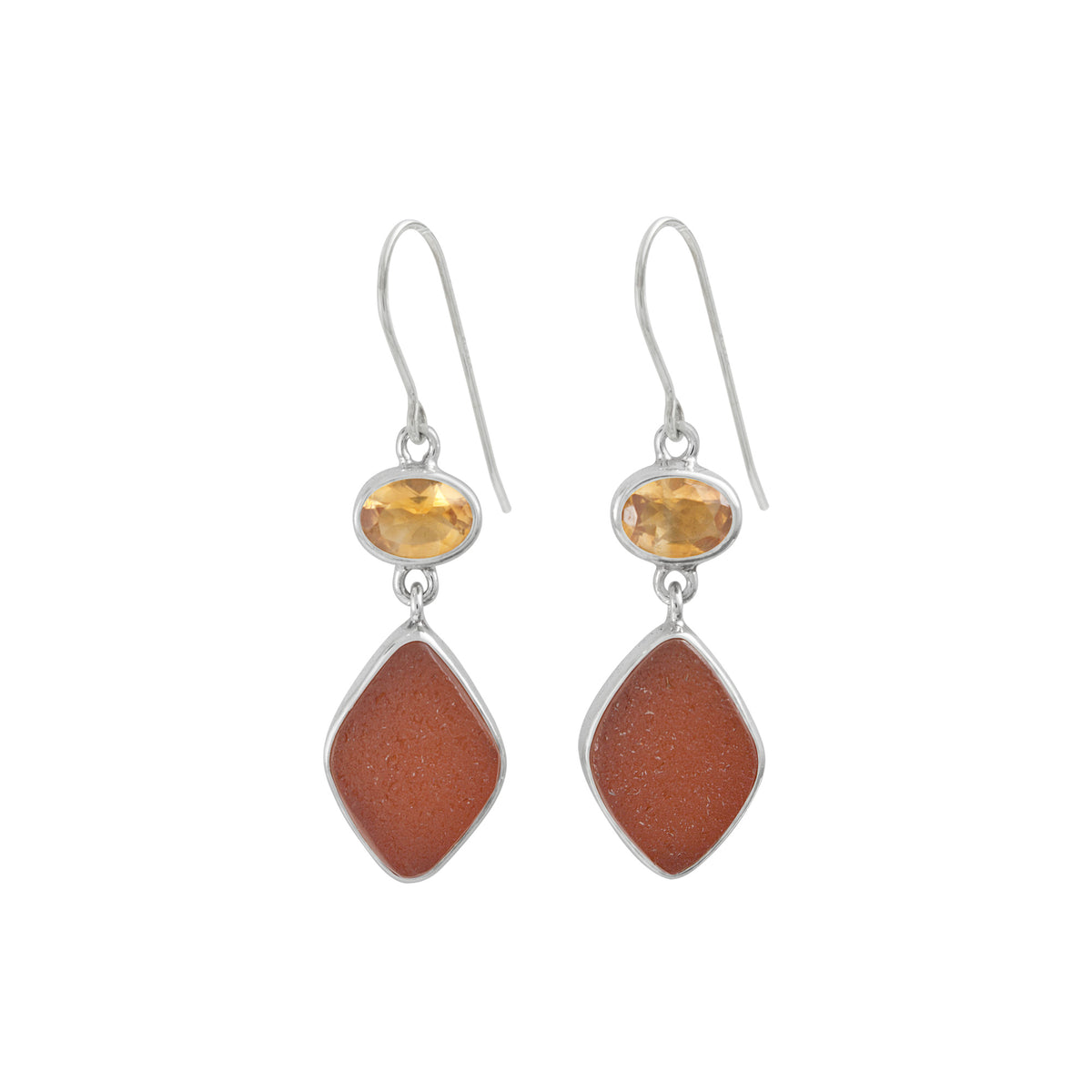 Sterling Earring With Citrine Oval, Sea Glass Brown Drop