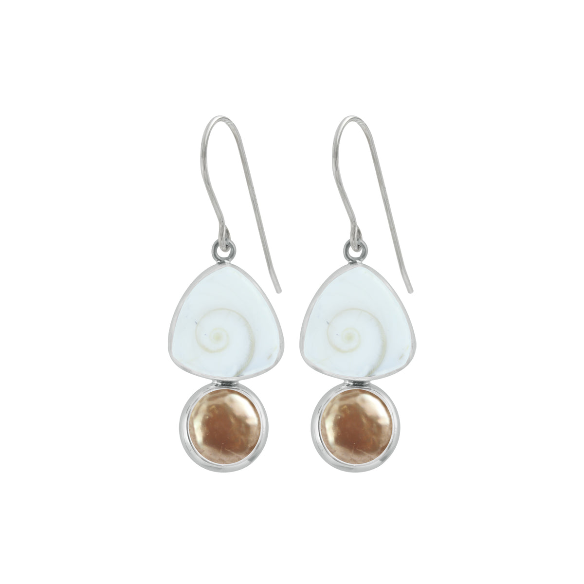 Sterling Silver Earring With Shell Spiral &amp; Pearl Coin Peach