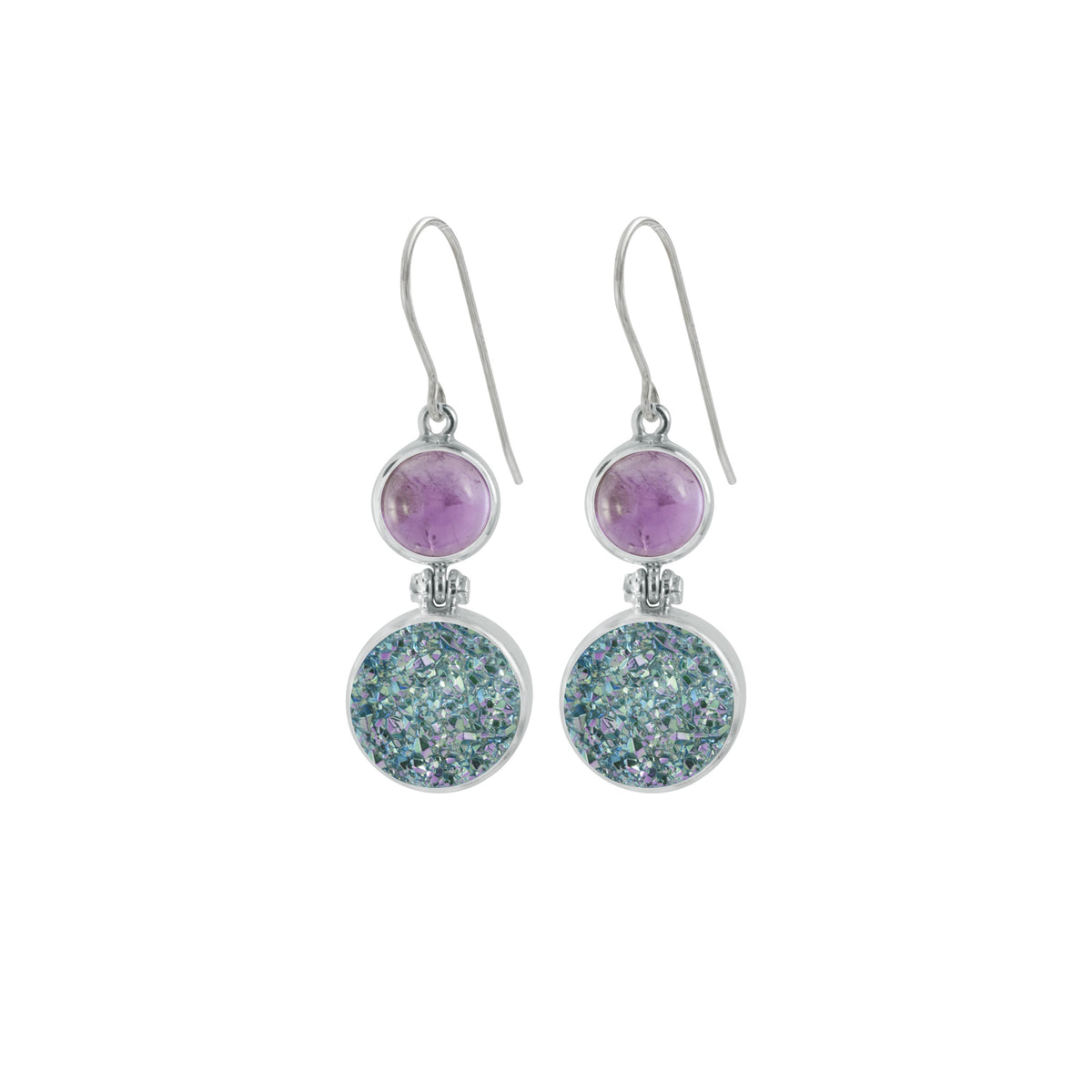 Sterling Silver Earring With Amethyst Round Cab, Druzy Easy Green Round
