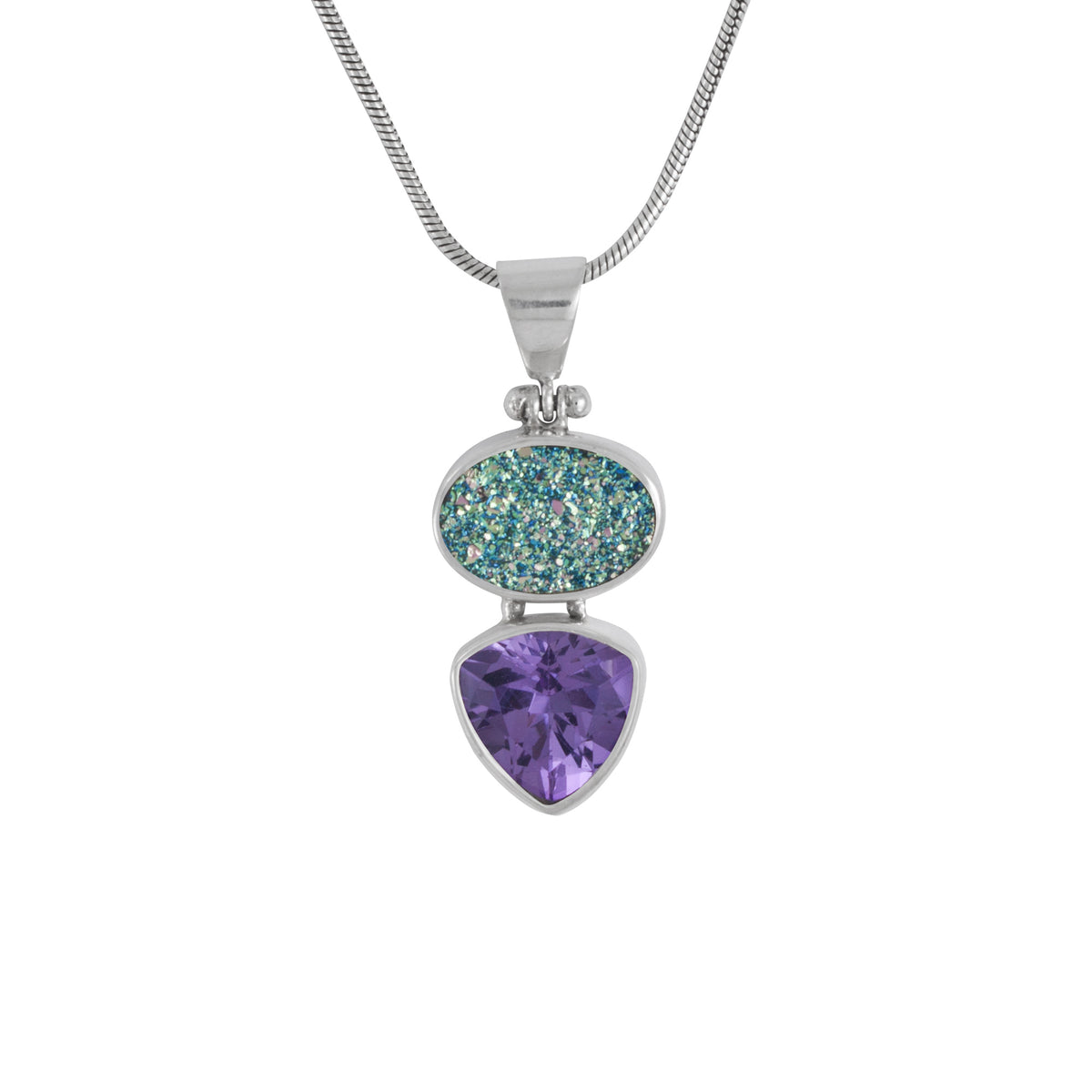 Sterling Silver Pendant With Druzy Easy Green Oval, Amethyst Triangle Facet
