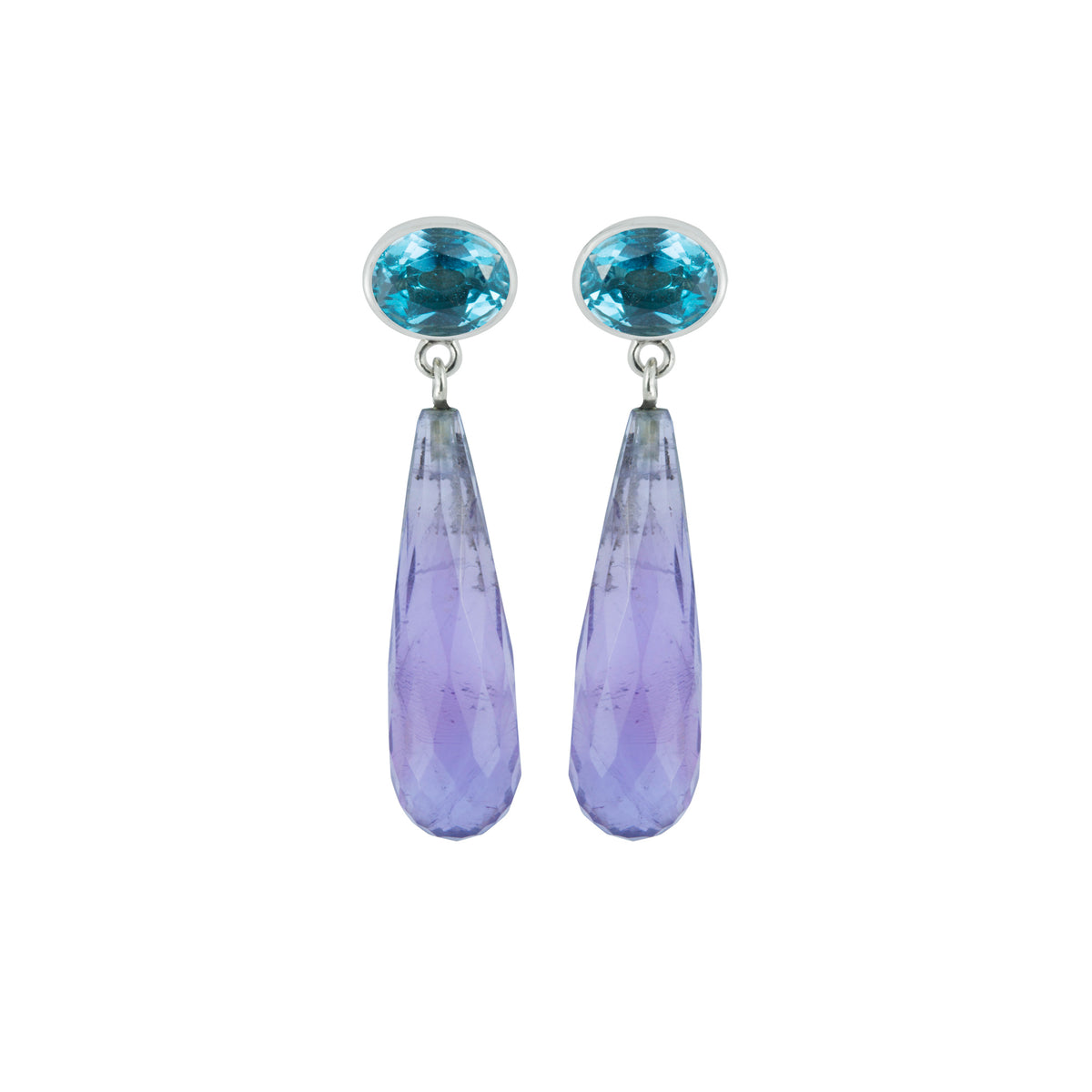 Sterling Silver Earring With Blue topaz Oval Facet, Amethyst Brio Drop