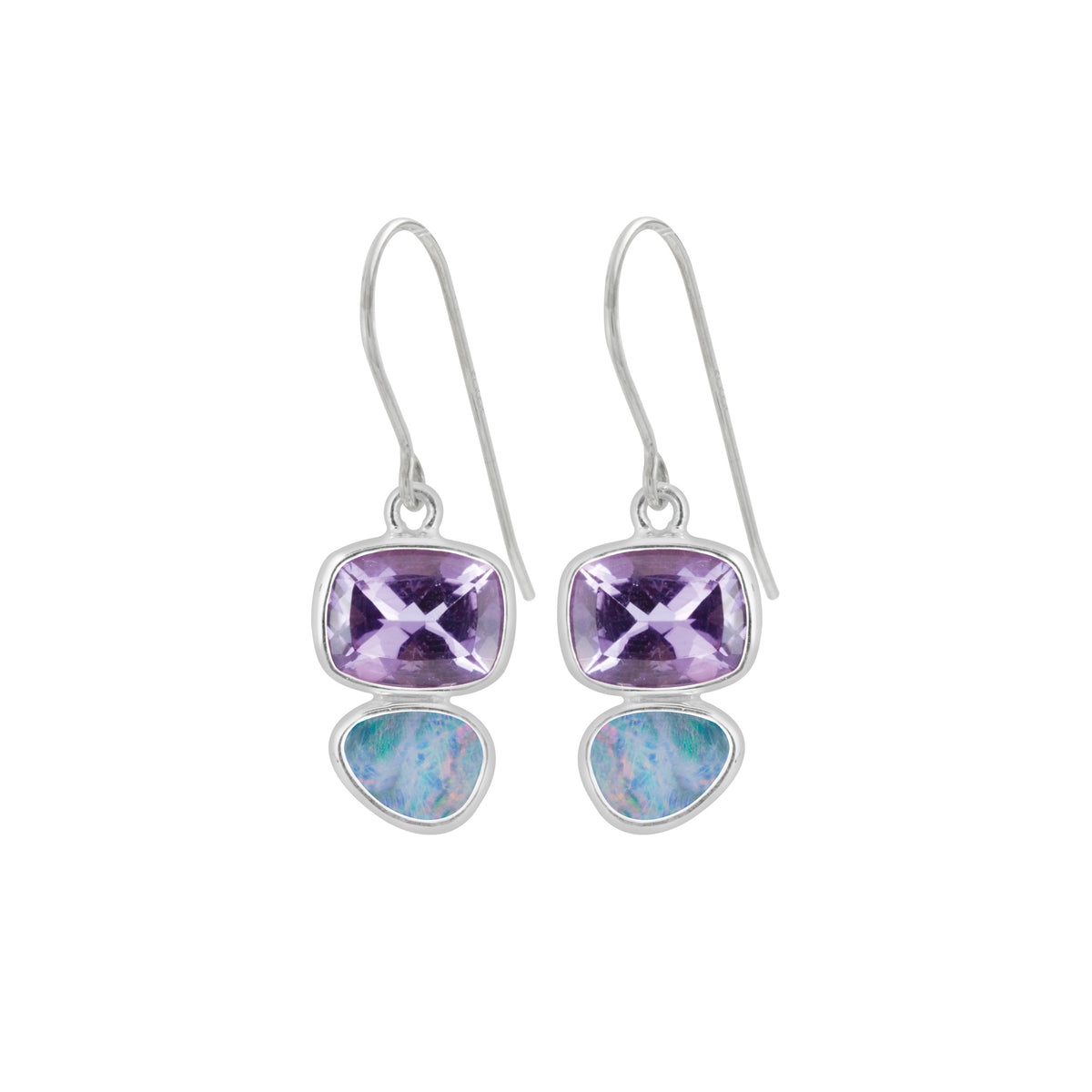 Sterling Silver Earring With Amethyst Rectangle, Opal Free Form