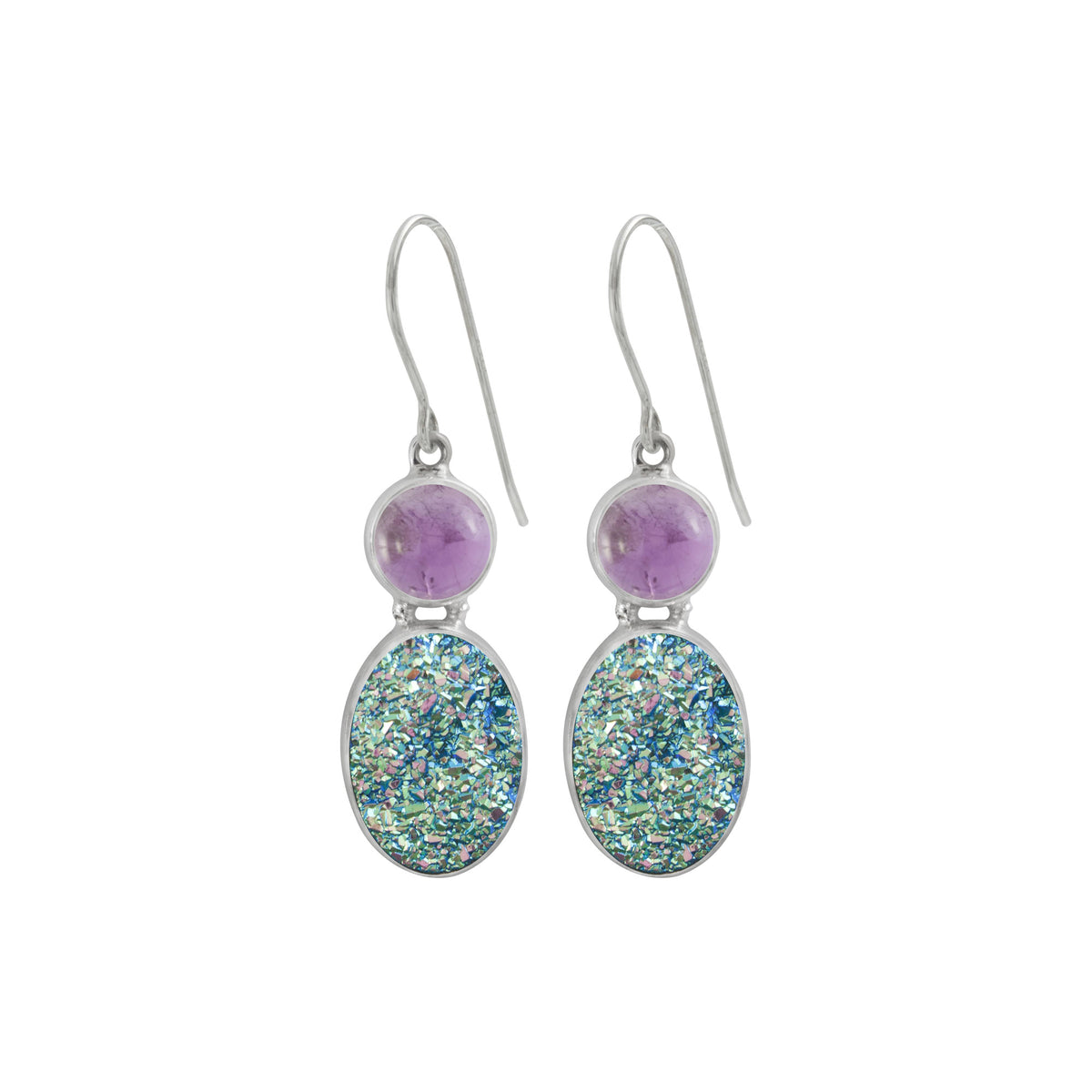 Sterling Silver Earring With Amethyst Round Cab, Druzy Easy Green Oval