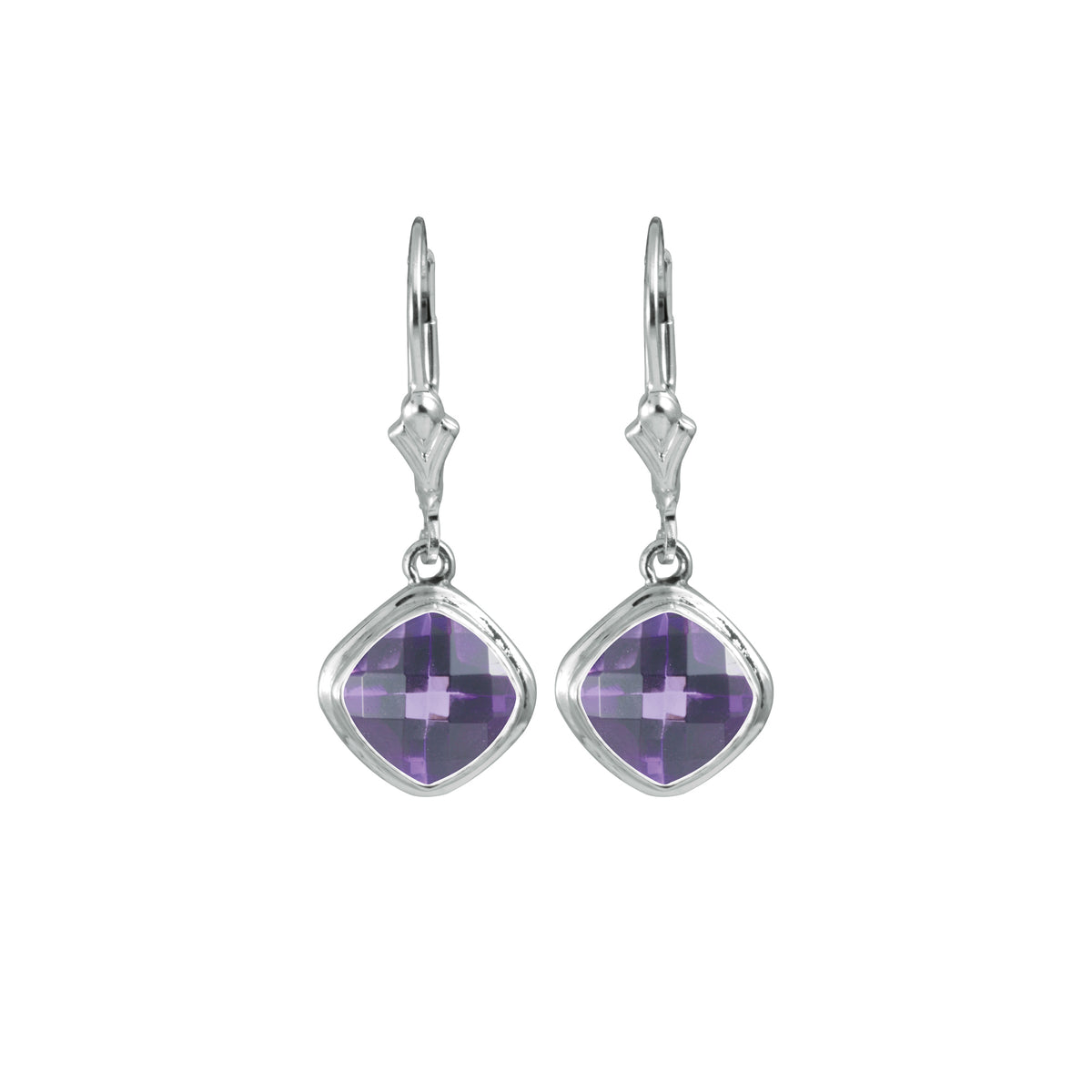 Sterling Silver Earring With Amethyst Square Cushion Cheker
