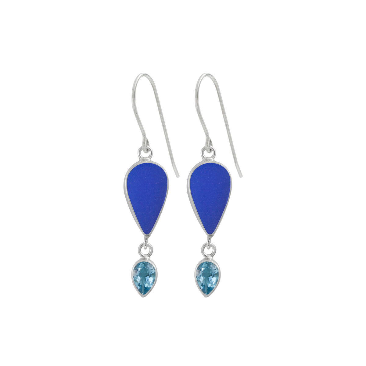 Sterling Silver Earring With Sea Glass, Blue Topaz Pear Facet