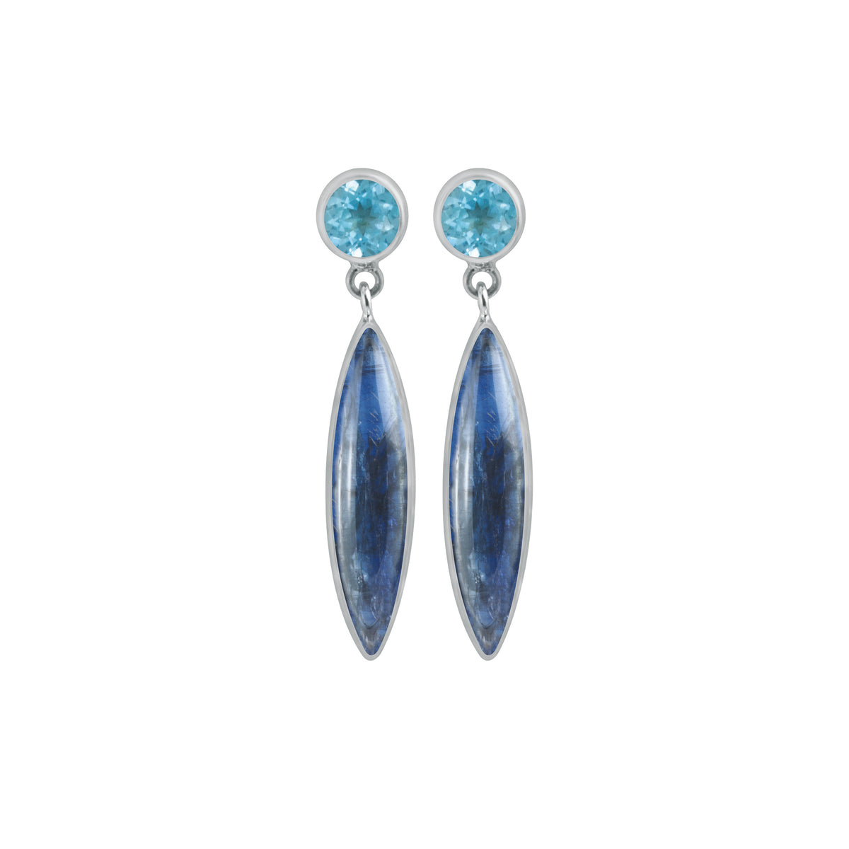 Sterling Silver Earring With Blue Topaz Round Facet, Kynite Marqouise Cab