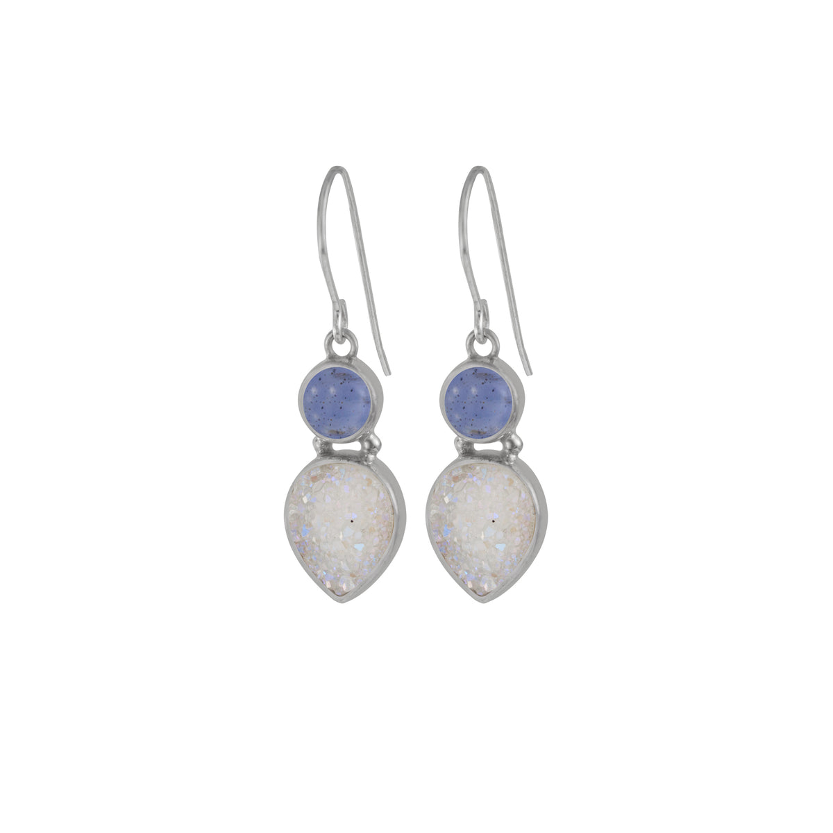 Sterling Silver Earring With Iolite Round Cab, Druzy Opal Pear