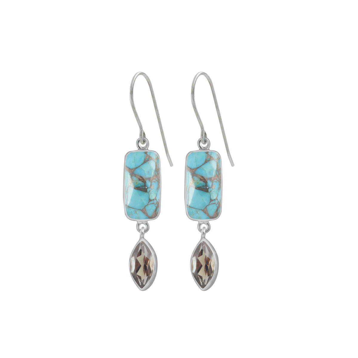 Sterling Silver Earring With Turquoise Mosaic Rectangle, Smokey Marquise Facet