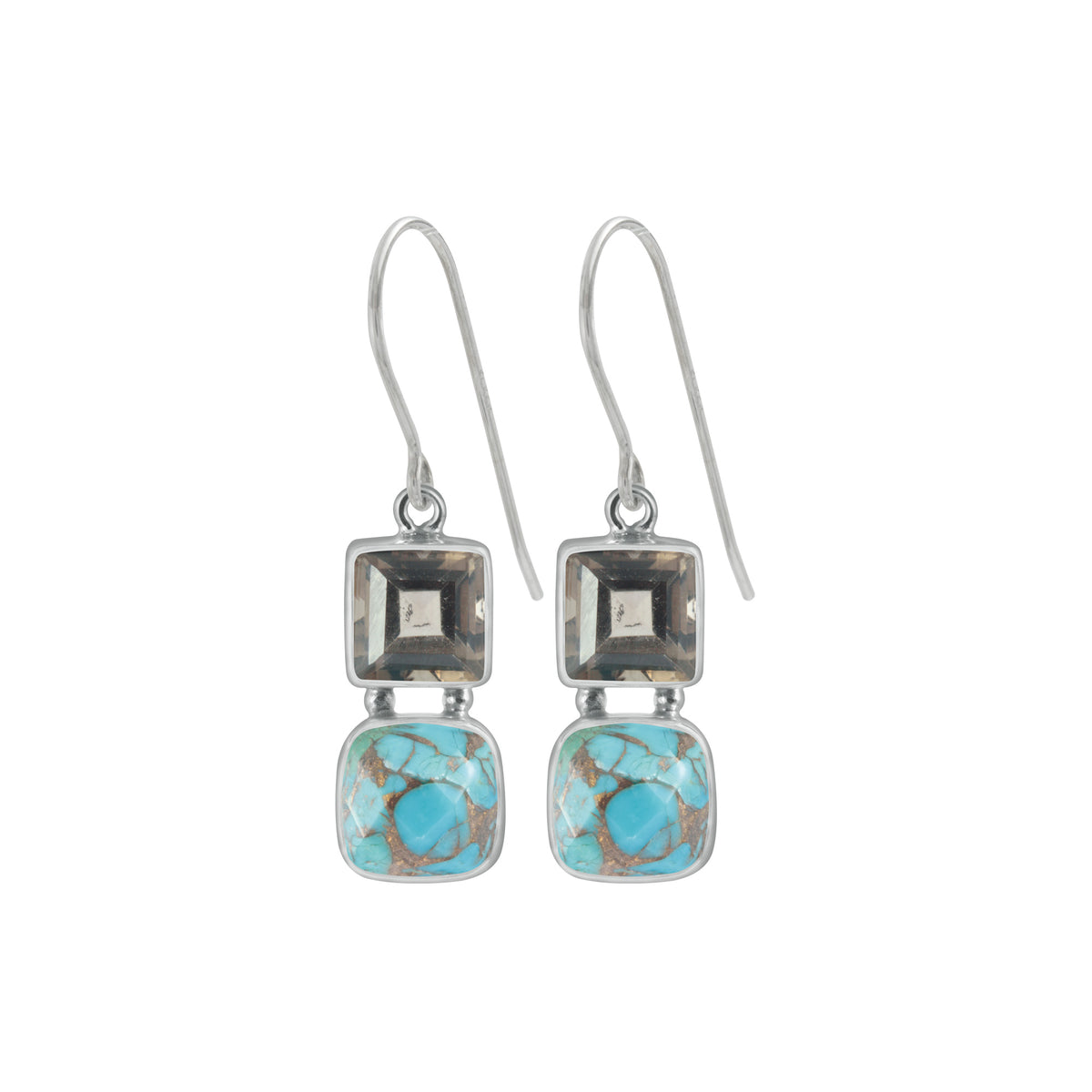 Sterling Silver Earring With Smokey Quartz, Turquoise Mosaic Square Facet