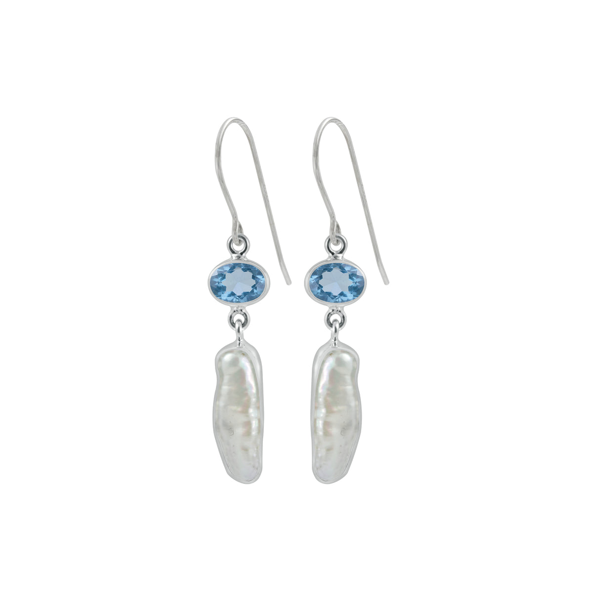 Sterling Silver Earring With London Blue Oval Facet, Pearl Biwa
