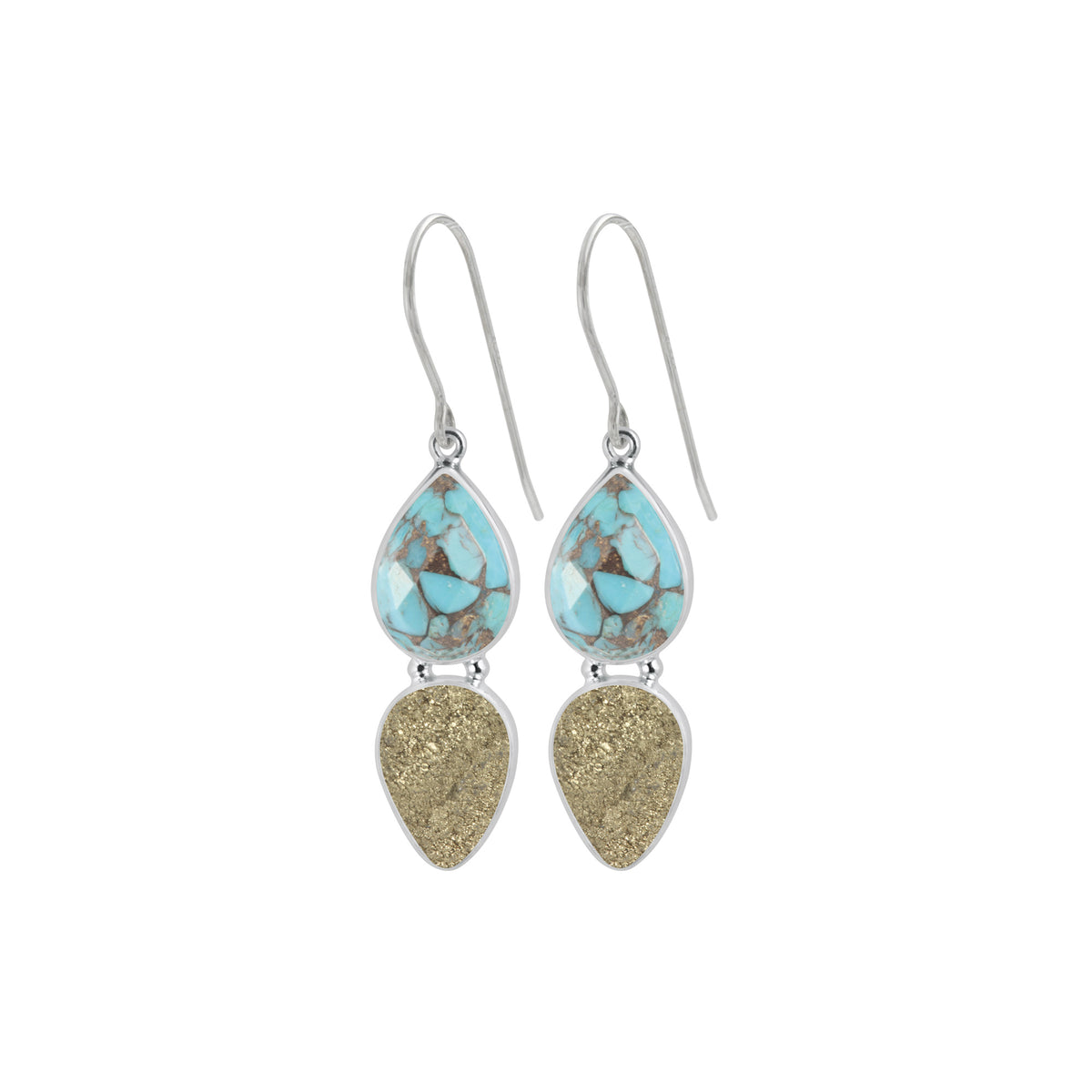 Sterling Silver Earring With Turquoise Mosaic Pear Facet, Druzy Gold Pear