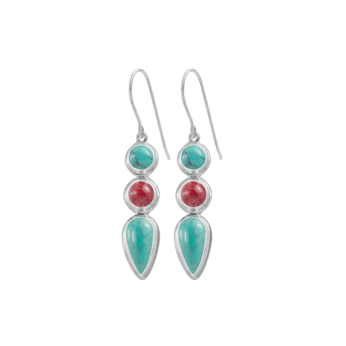 Sterling Silver Earring With Sponge Coral, Turquoise Round &amp; Pear Drop