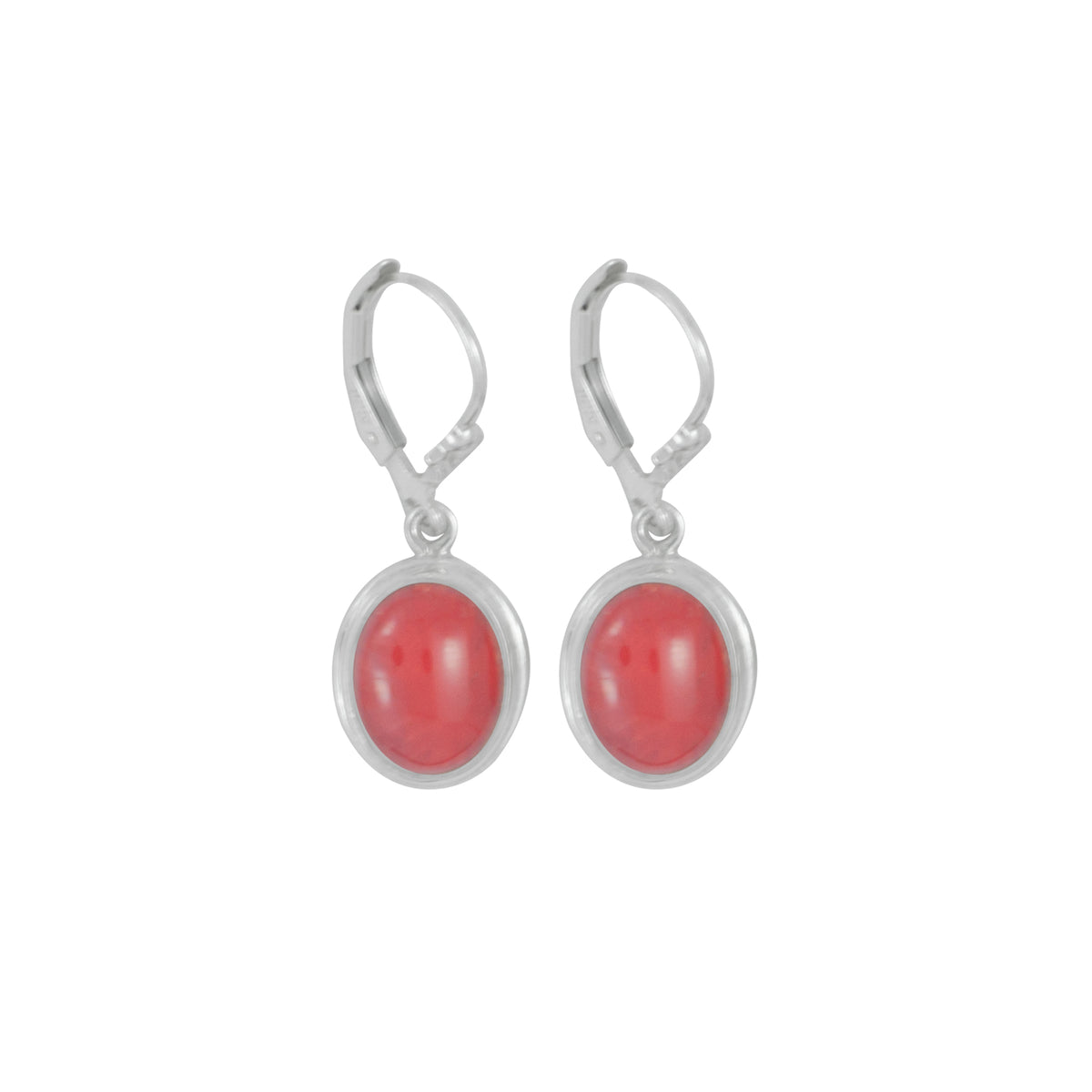 Sterling Silver Earring With Single Stone Coral Oval Drop On Euro Bak