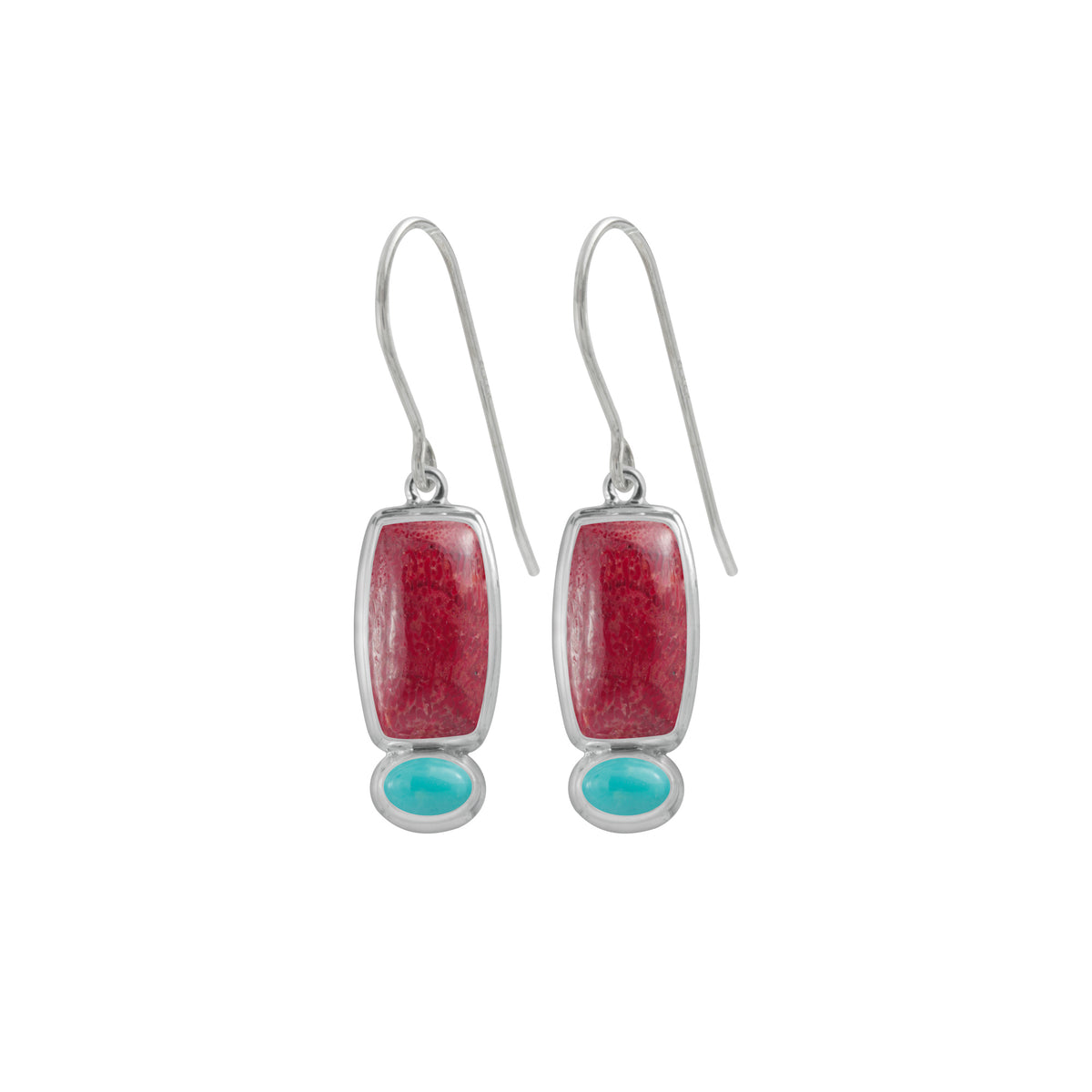 Sterling Silver Earring With Sponge Coral Rectangle, Turquoise Accent