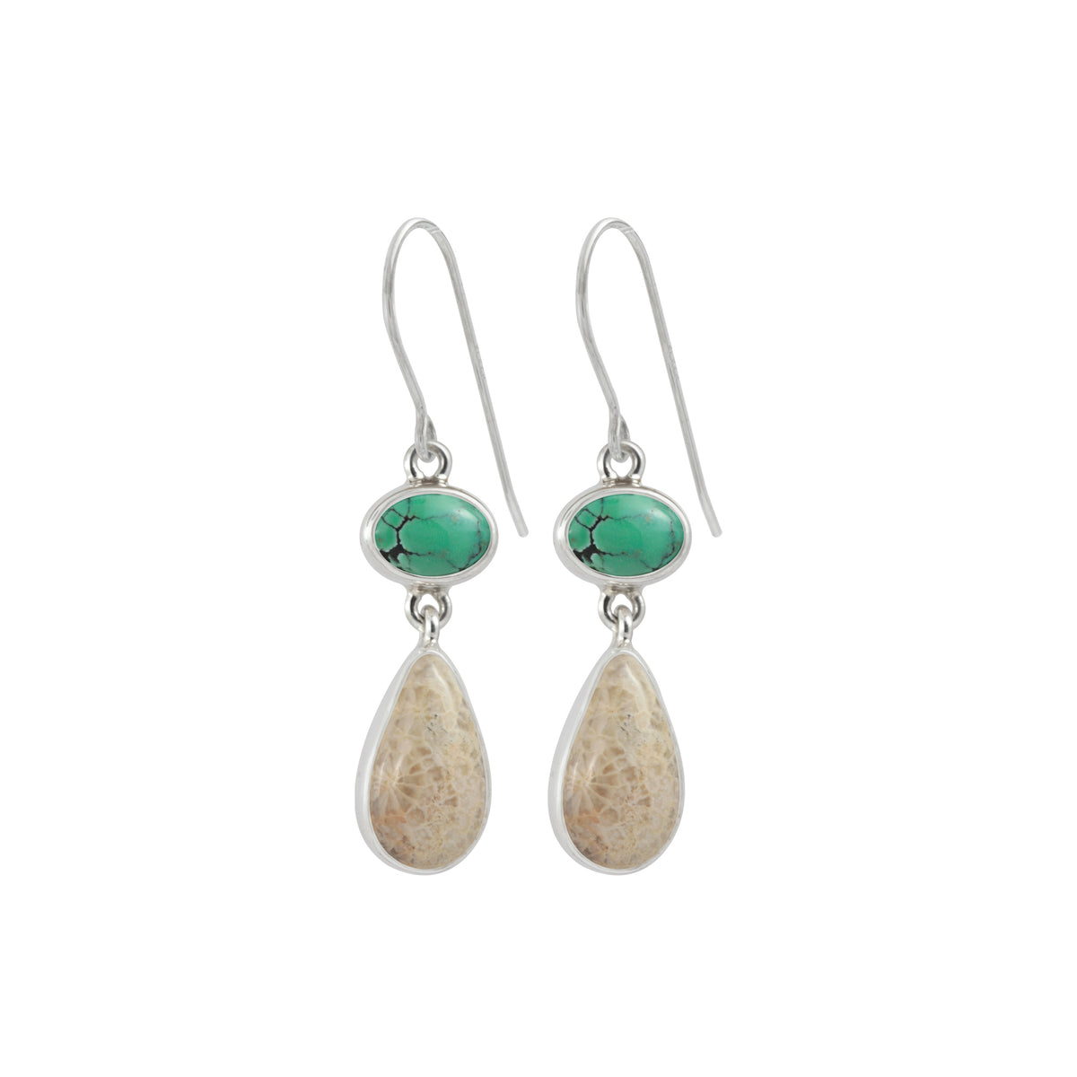 Sterling Silver Earring With Turquoise Oval, Palm Indonesia Pear Drop