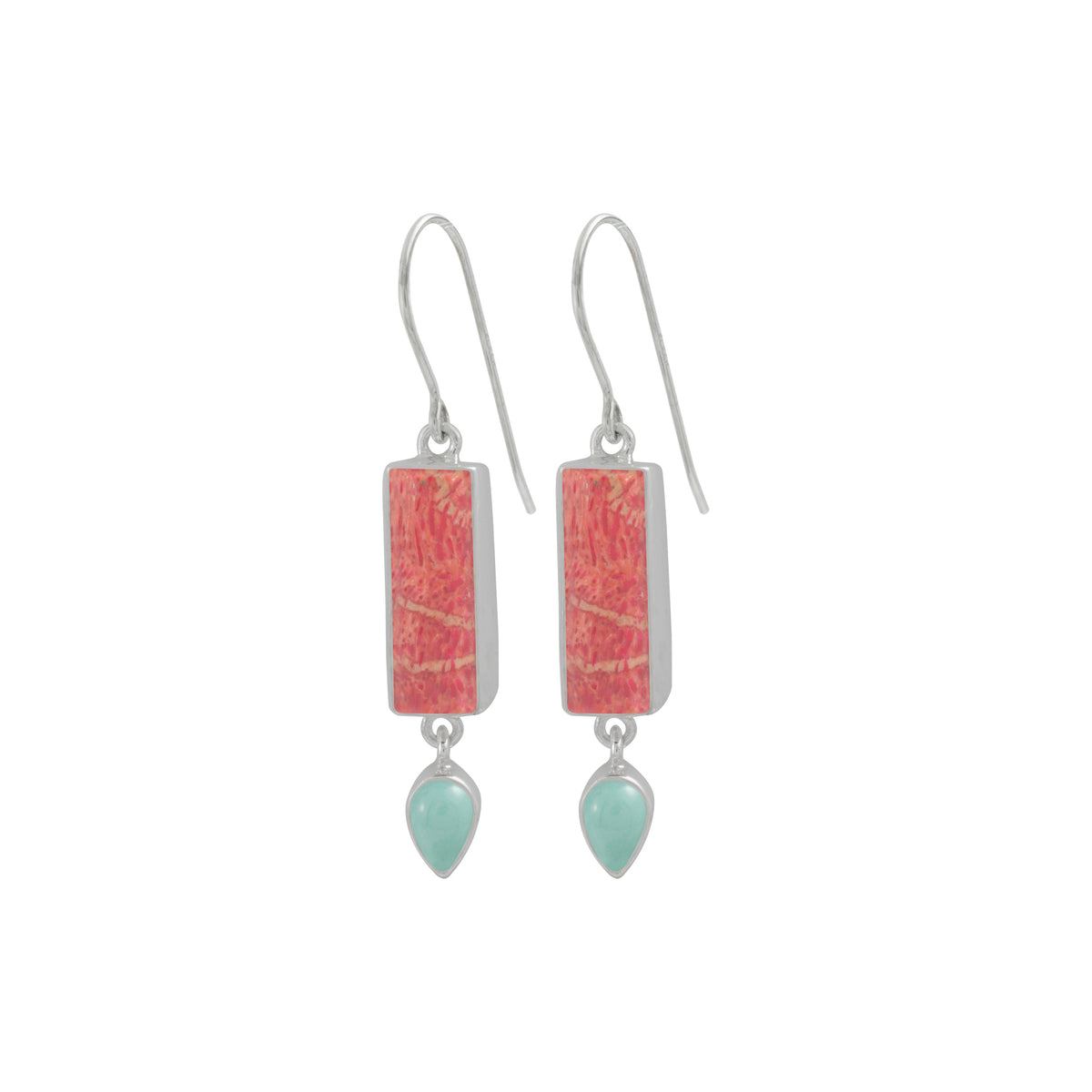 Sterling Silver Earring With Sponge Coral Rectangle, Turquoise Pear Drop