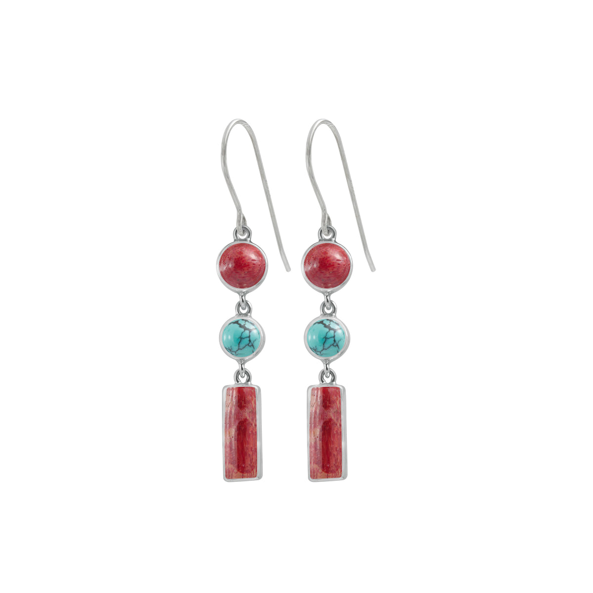 Sterling Silver Earring With Turquoise &amp; Sponge Coral Rectangle Drop