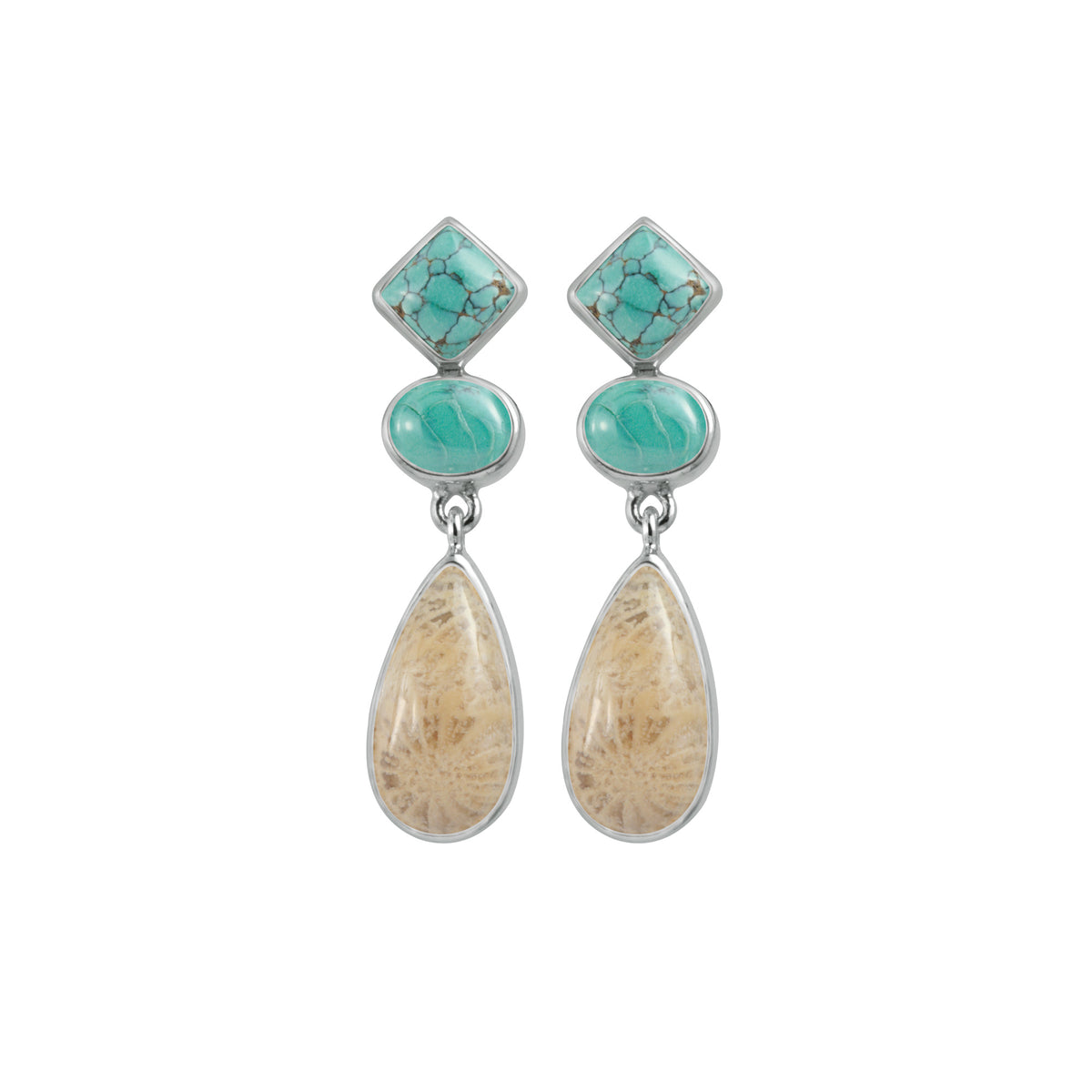 Sterling Silver Earring With 2 Tuquoise &amp; Fossil Coral Pear Drop
