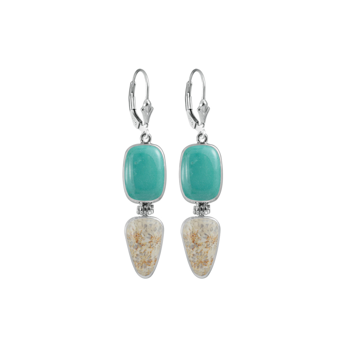 Sterling Silver Earring With Turquoise Rectangle, Fossil Coral Tongue