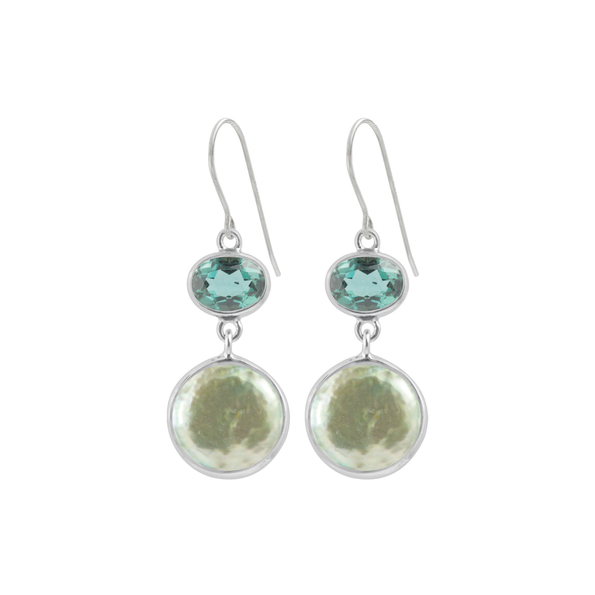 Sterling Silver Earring With Green Quartz Oval, Green Coin Pearl Drop