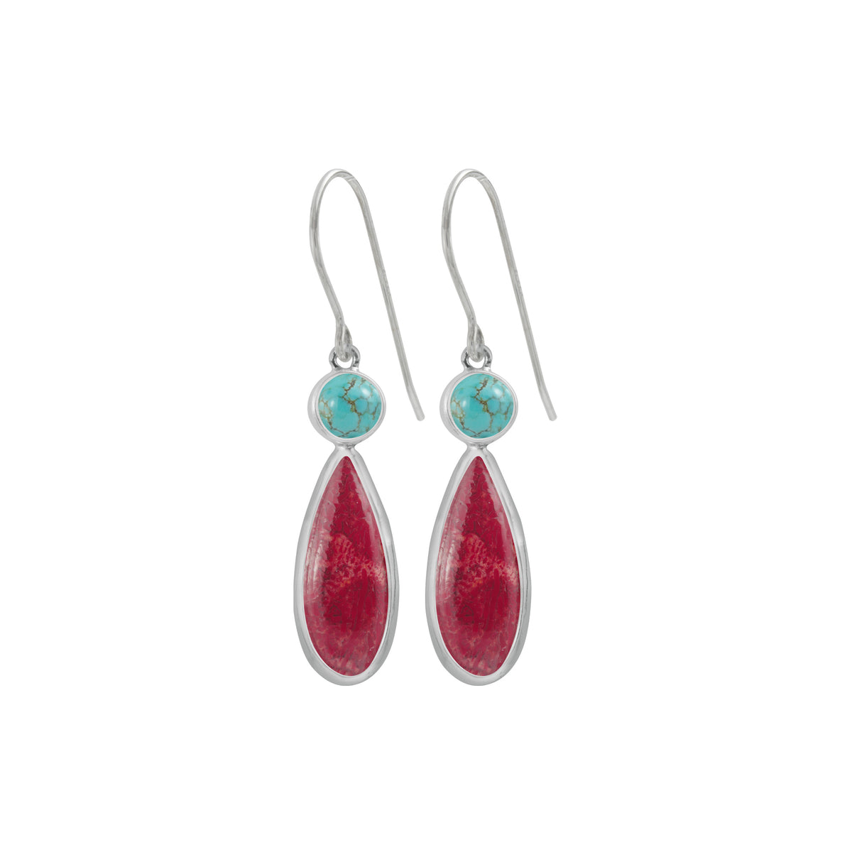 Sterling Silver Earring With Turquoise Round, Sponge Coral Pear Drop