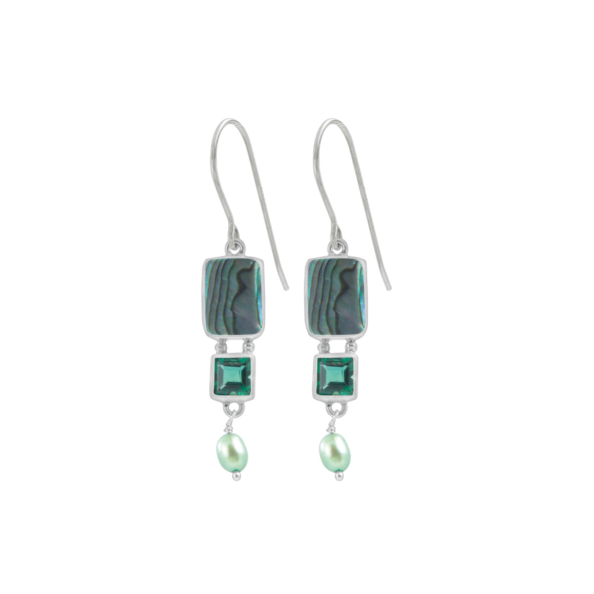 Sterling Silver Earring With Paua Rectangle, Green Quartz Square, Pearl Drop
