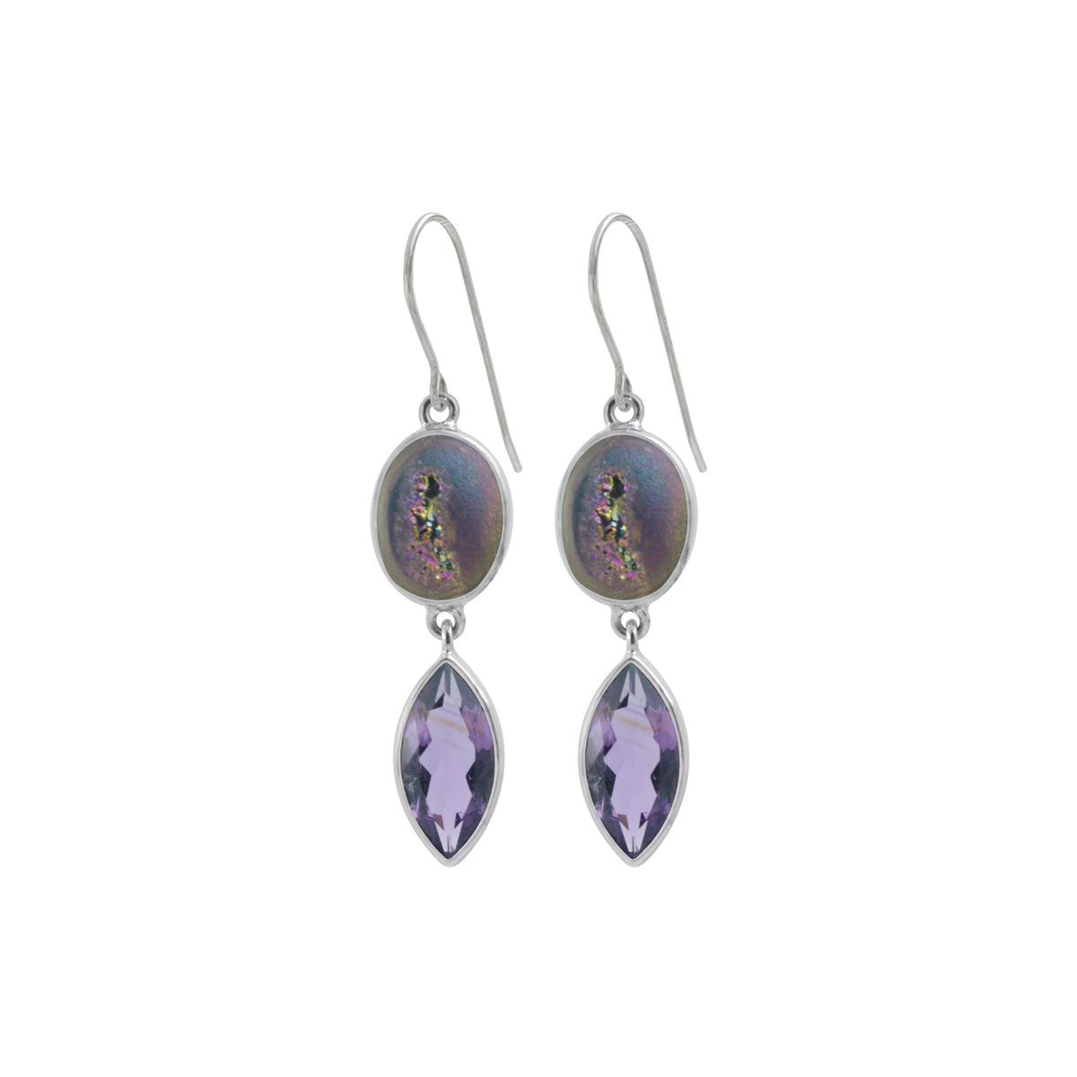 Sterling Silver Earring With Druzy Peacock Oval, Amethyst Marquis Facet