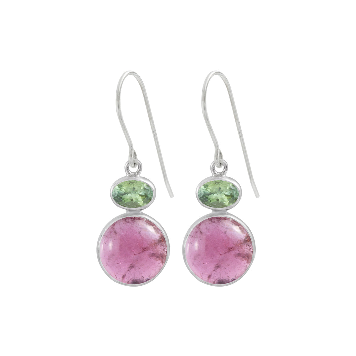 Sterling Silver Earring With Green &amp; Pink Tourmaline Cab