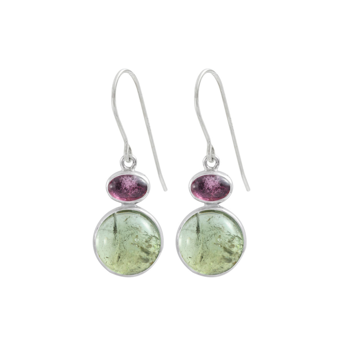 Sterling Silver Earring With Green &amp; Pink Tourmaline Cab