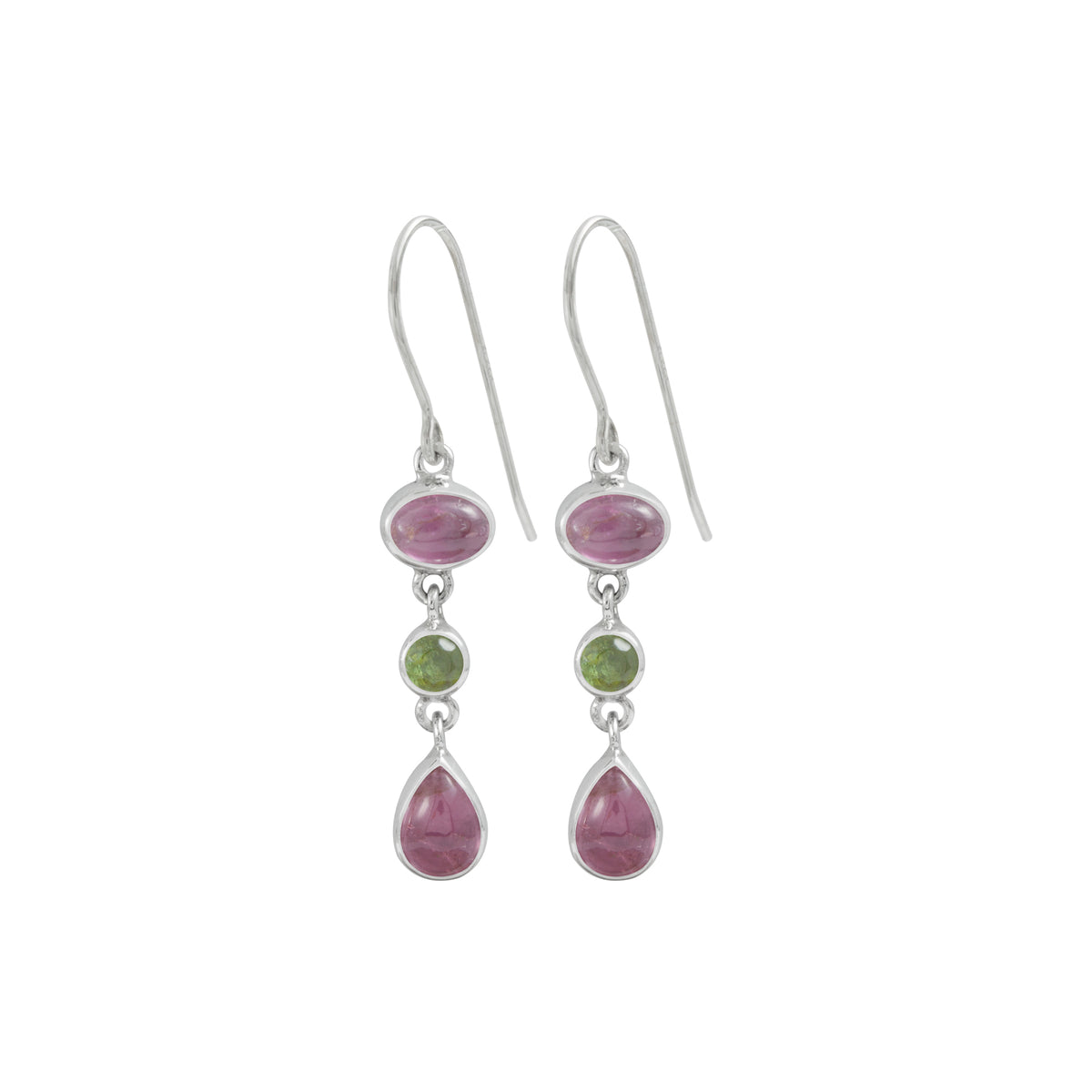 Sterling Silver Earring With Green Tourmaline Round Facet, Pink Tourmaline Oval &amp; Pear Cab